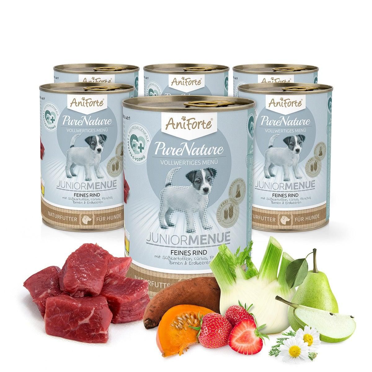 Sechs Dosen Aniforte JuniorMenue Feines Rind. Daneben Fleisch, Gemüse und Obst.