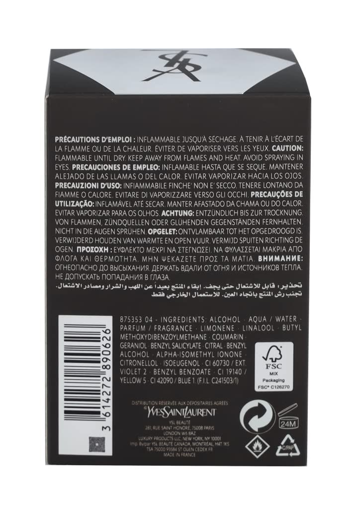 Rückseite der Verpackung. Schwarzer Karton mit Texten in mehreren Sprachen. Barcode und Inhaltsstoffe. FSC-Logo.