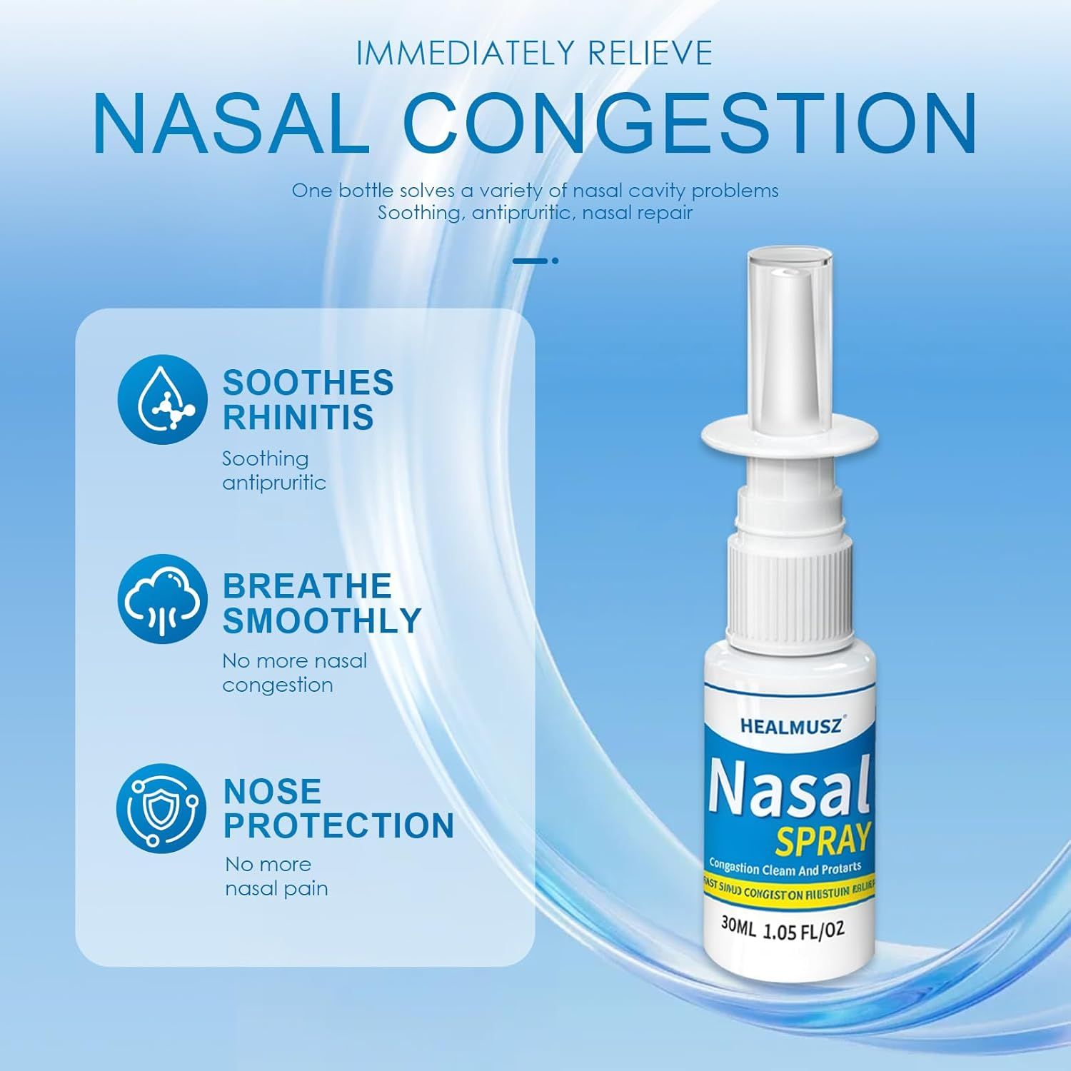 Nasenspray-Flasche. Weißer Behälter mit blauem Etikett. Beschriftung: Healmusz Nasal Spray. 30 ml.