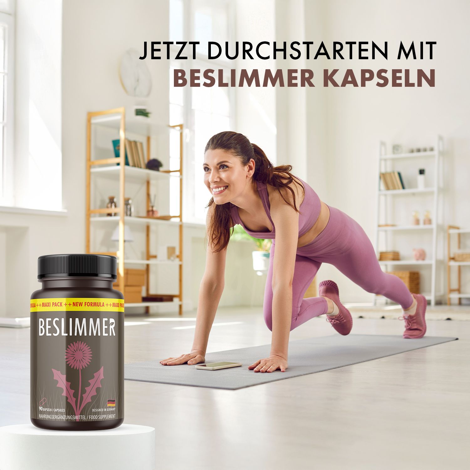 Frau trainiert auf Matte. Flasche BESLIMMER im Bild. Text: Jetzt durchstarten mit BESLIMMER Kapseln.