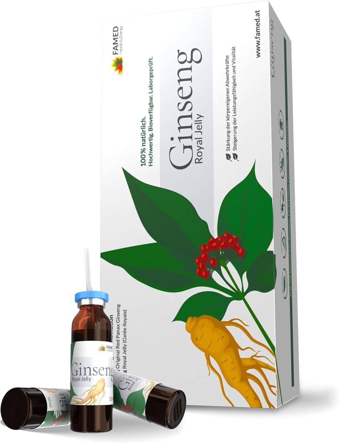Ginseng Royal Jelly Trinkampullen-Verpackung mit Ginseng-Wurzel und Blatt-Illustration.