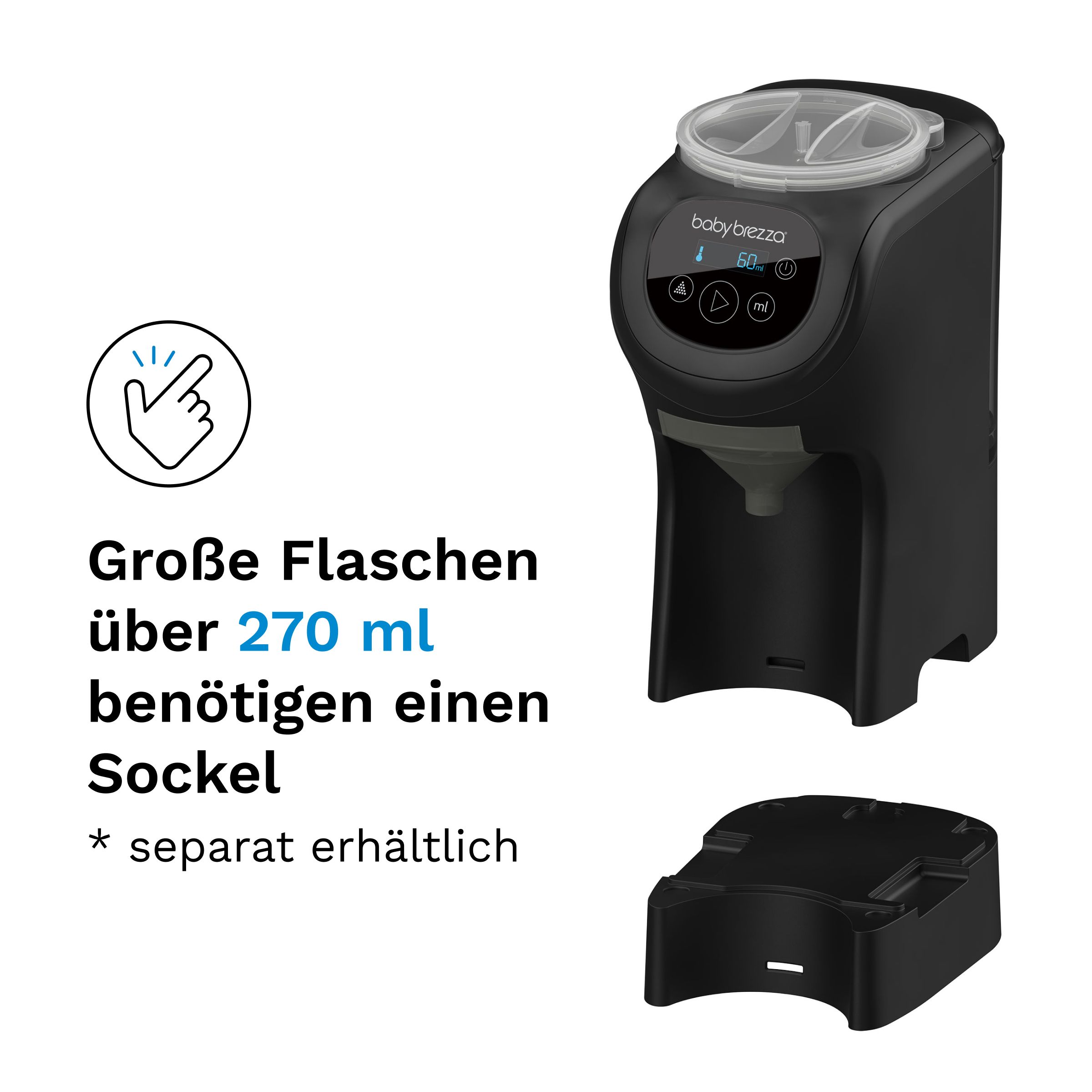 Baby Brezza Milchzubereiter mit separatem Sockel für große Flaschen.