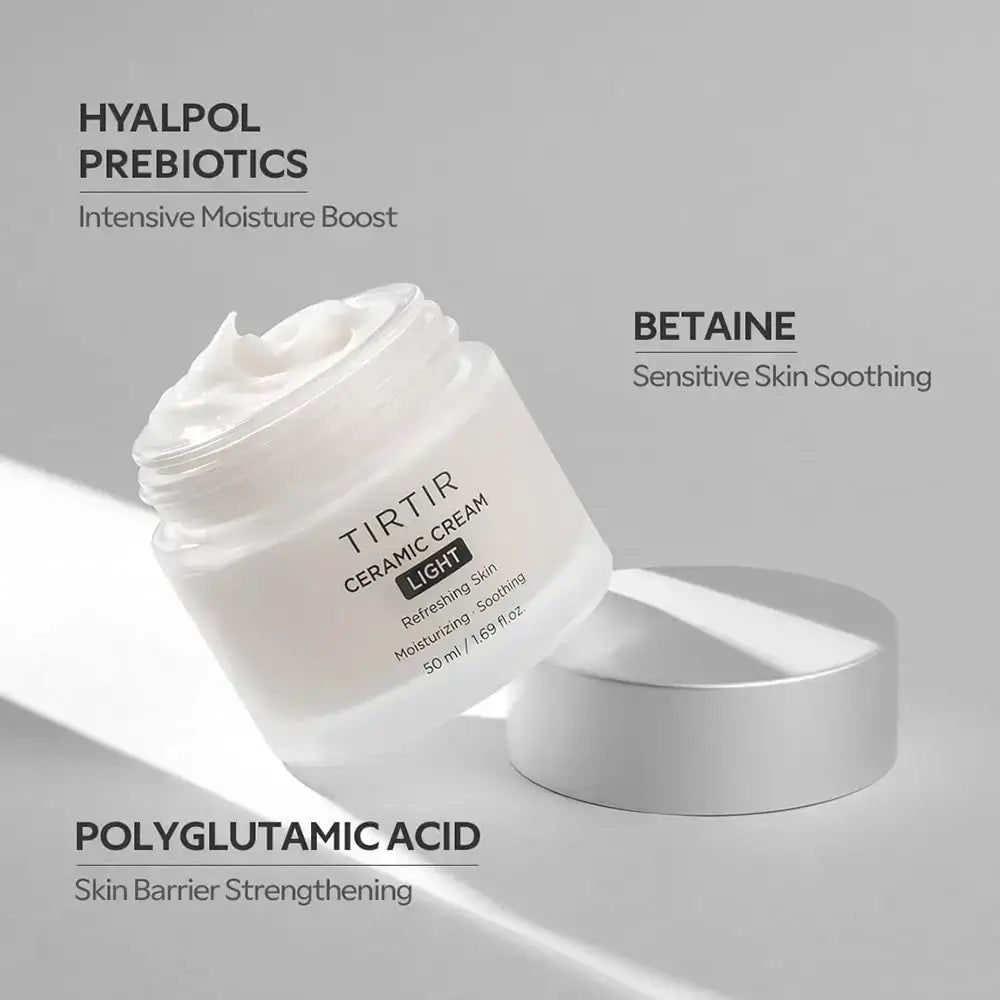 TIRTIR Ceramic Cream Light. Weißes Tiegel mit silbernem Deckel. Text: HYALPOL PREBIOTICS, BETANE, POLYGLUTAMIC ACID.