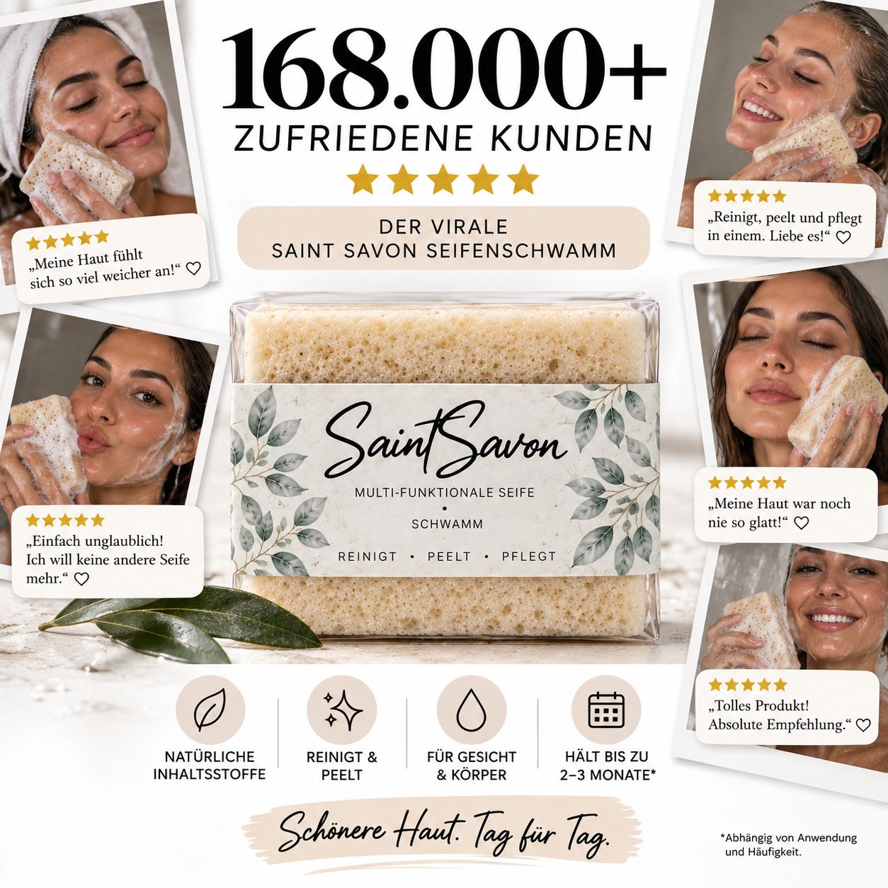 Produktbild des Saint Savon Seifenschwamms umgeben von zufriedenen Kundenbewertungen.