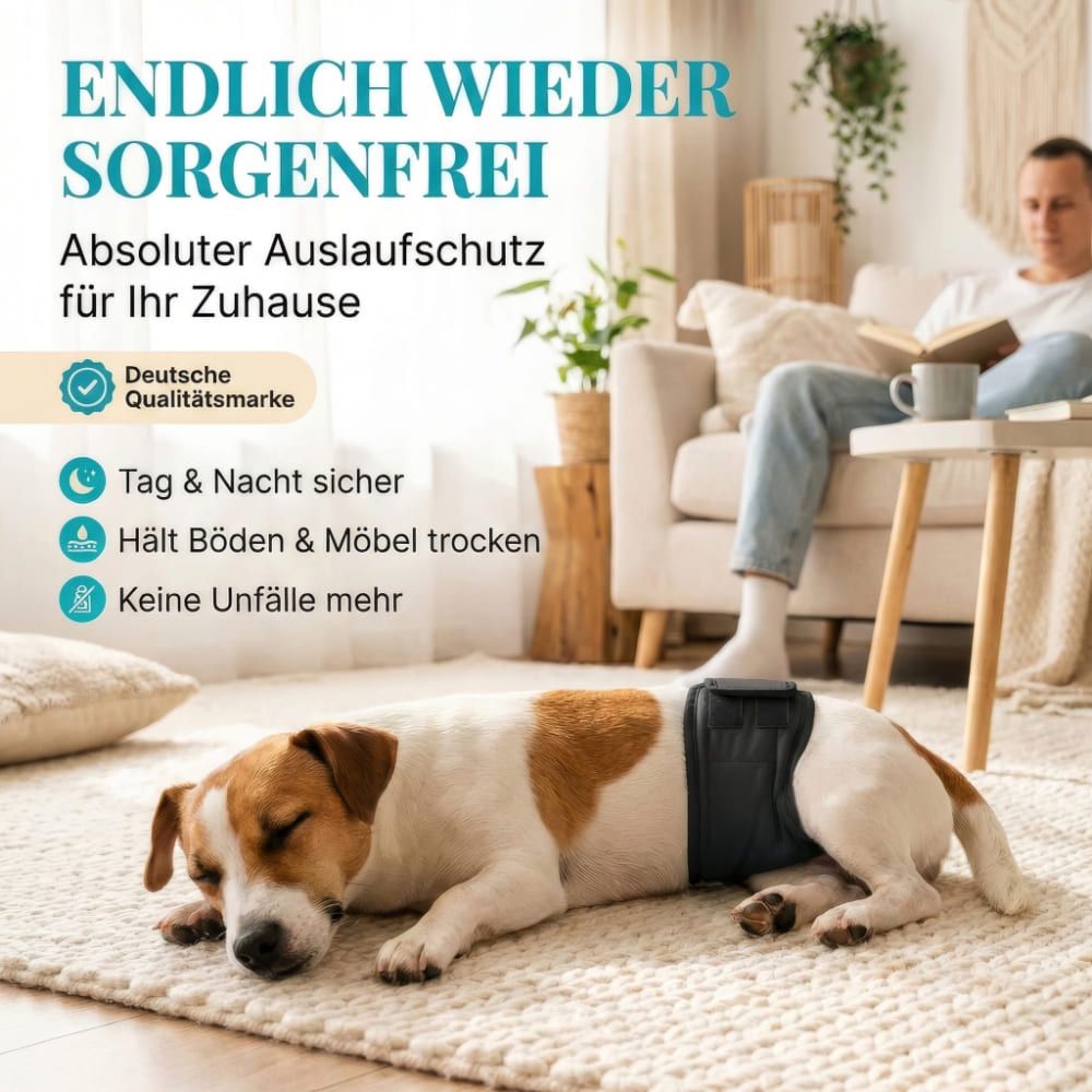 Hund mit schwarzer Windel liegt auf Teppich. Text: Endlich wieder sorgenfrei. Deutsche Qualitätsmarke.