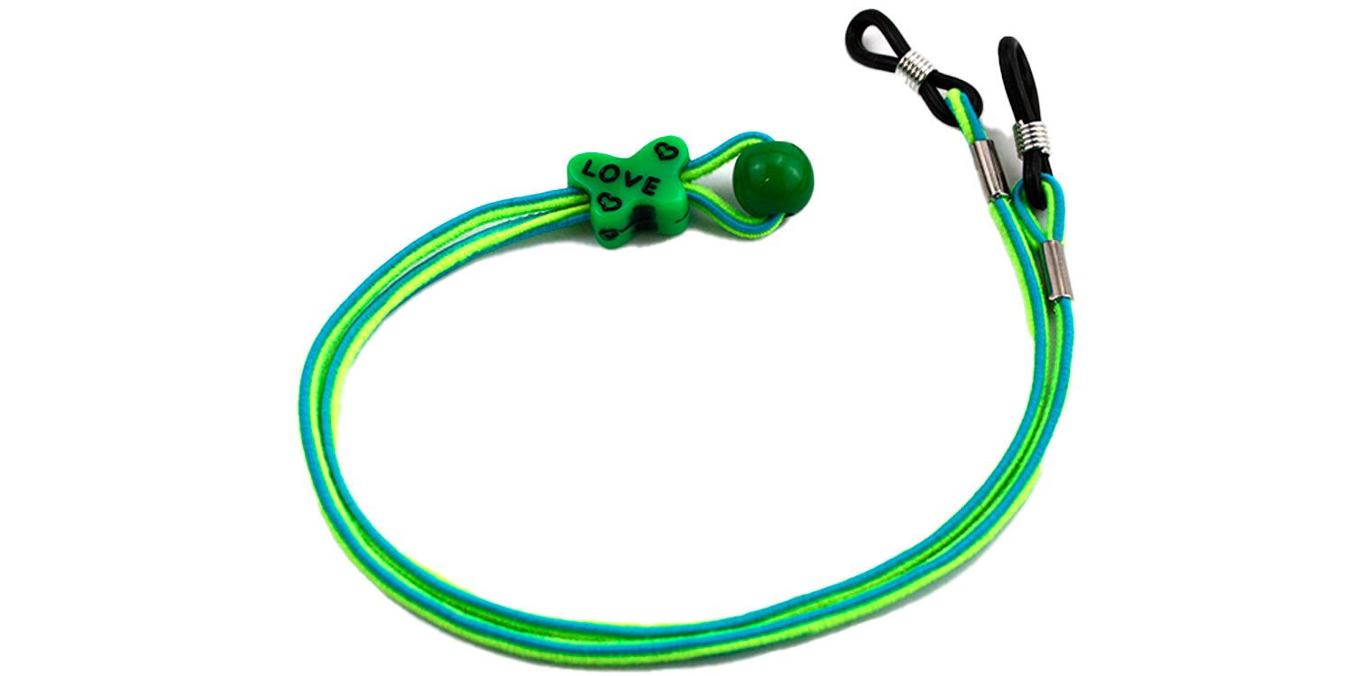 Brillenband für Kinderbrillen, grün-gelb, mit grünem Frosch-Dekor und "LOVE"-Schriftzug.