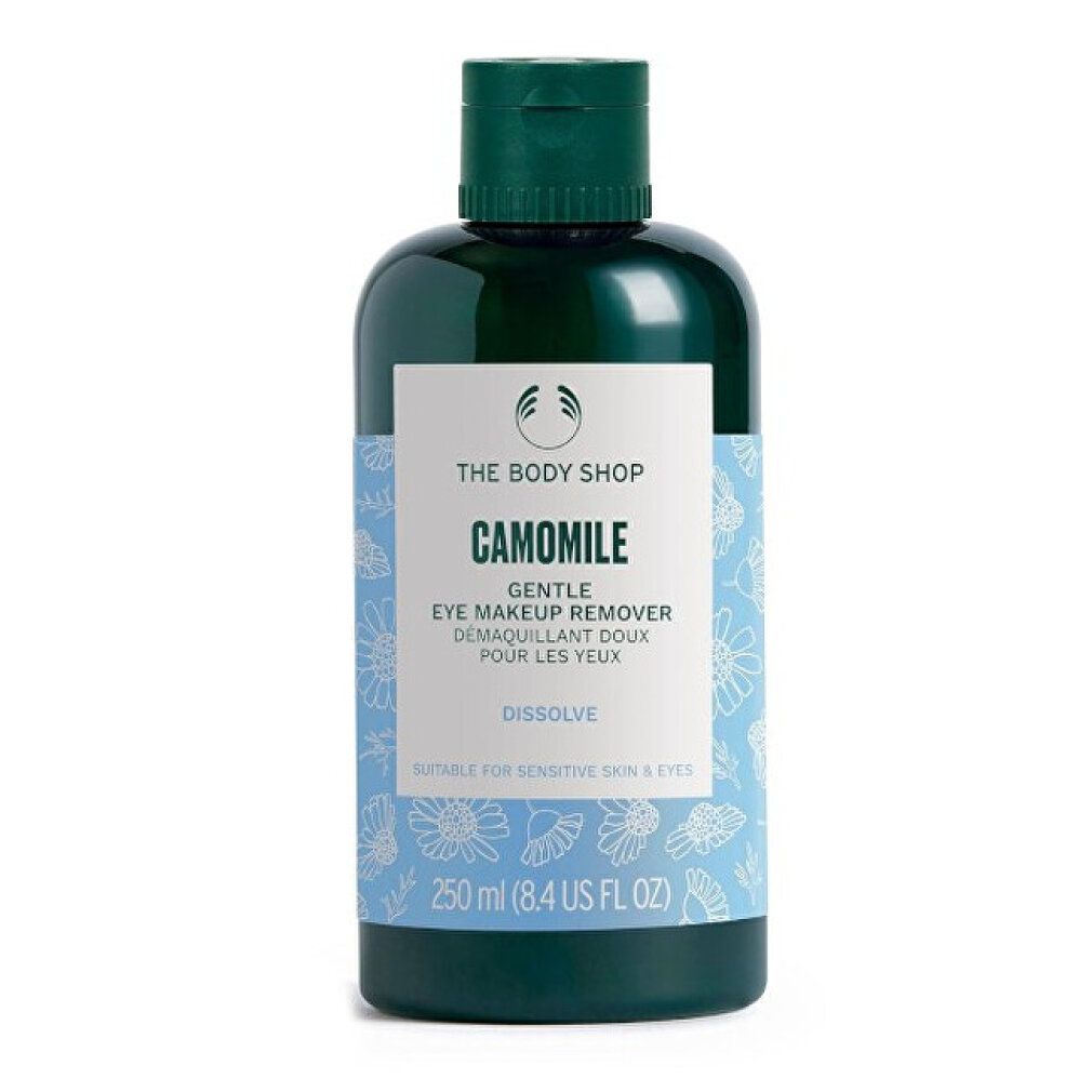 Grüne Flasche mit blauem Etikett. Aufschrift: CAMOMILE, Gentle Eye Make-Up Remover. 250 ml. Geeignet für empfindliche Haut.