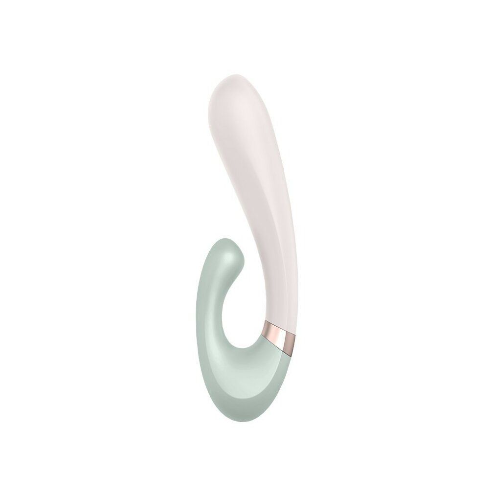 Vibrator mit weißem Schaft und mintgrünem Bogen. Goldfarbener Ring am Übergang. Glatte Oberfläche.
