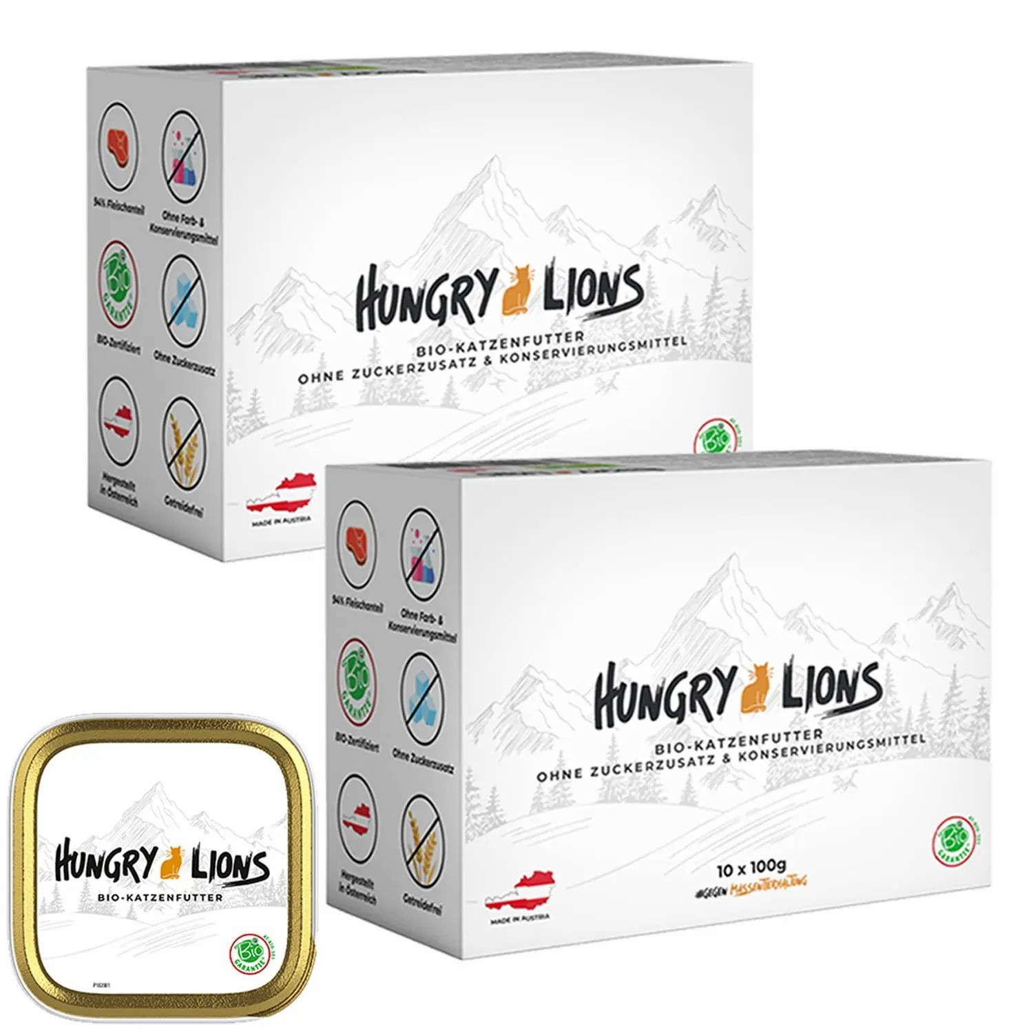 Drei Packungen "Hungry Lions" Bio-Katzenfutter, eine Dose vorne.