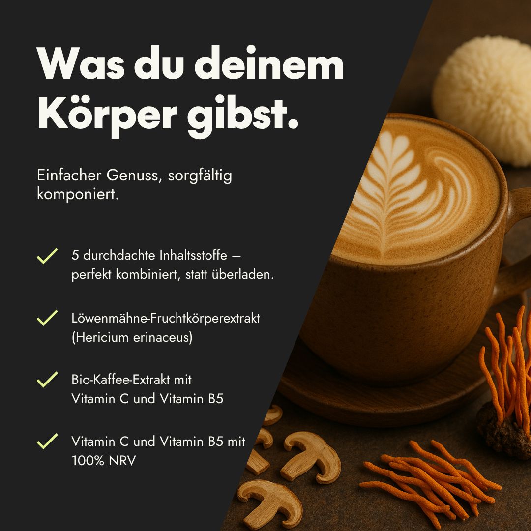 Kaffee mit Latte Art in einer braunen Tasse. Text: 5 Inhaltsstoffe, Löwenmähne-Extrakt, Bio-Kaffee-Extrakt, Vitamin C und B5.