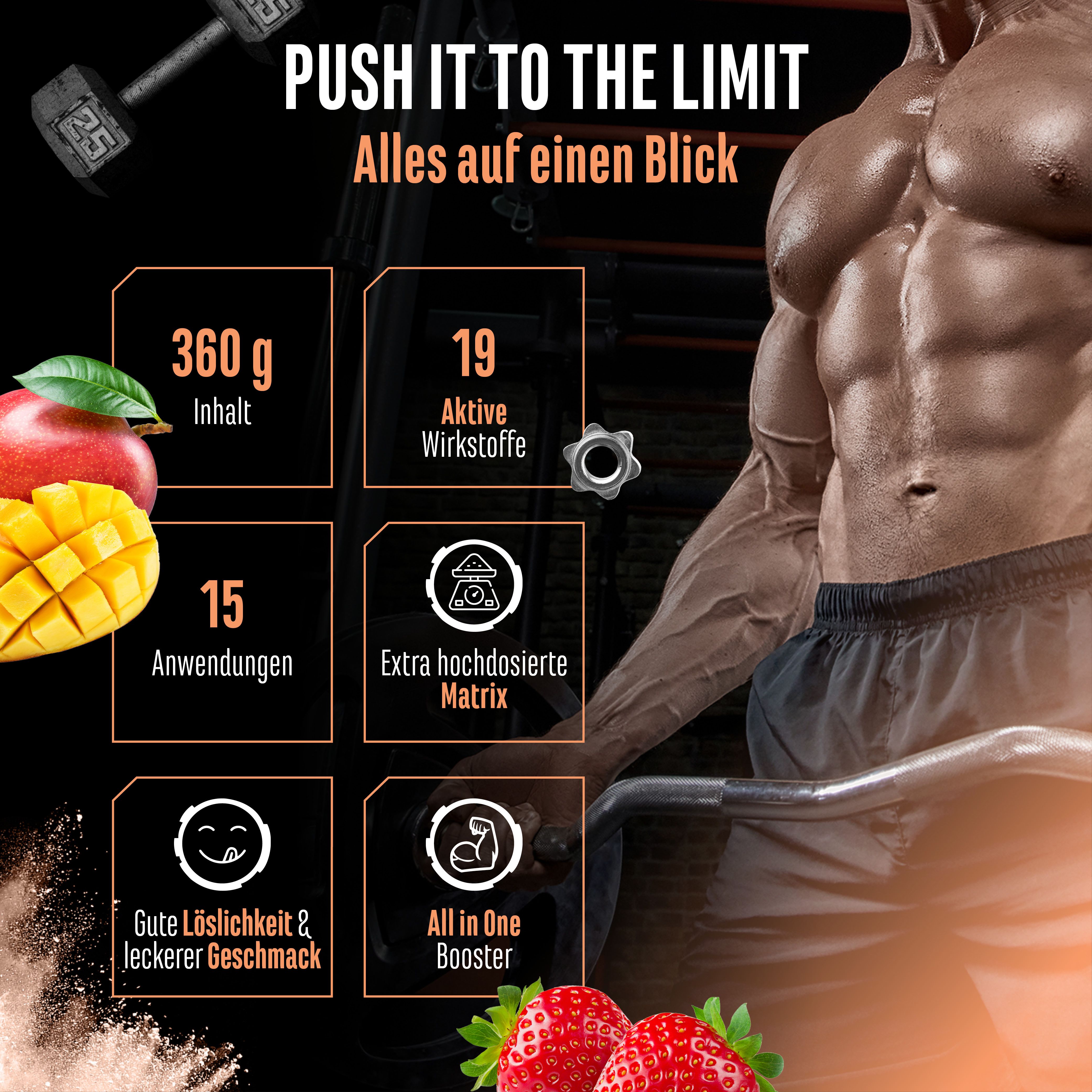 Infografik: 360g Inhalt, 19 Wirkstoffe, 15 Anwendungen, extra hochdosierte Matrix, gute Löslichkeit & leckerer Geschmack, All In One Booster. Mango und Erdbeeren.