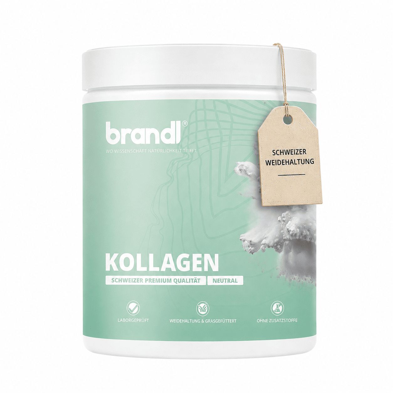 Weißes Produktglas mit Kollagen-Pulver und Anhänger. Text: Kollagen, Schweizer Weidehaltung, neutral.