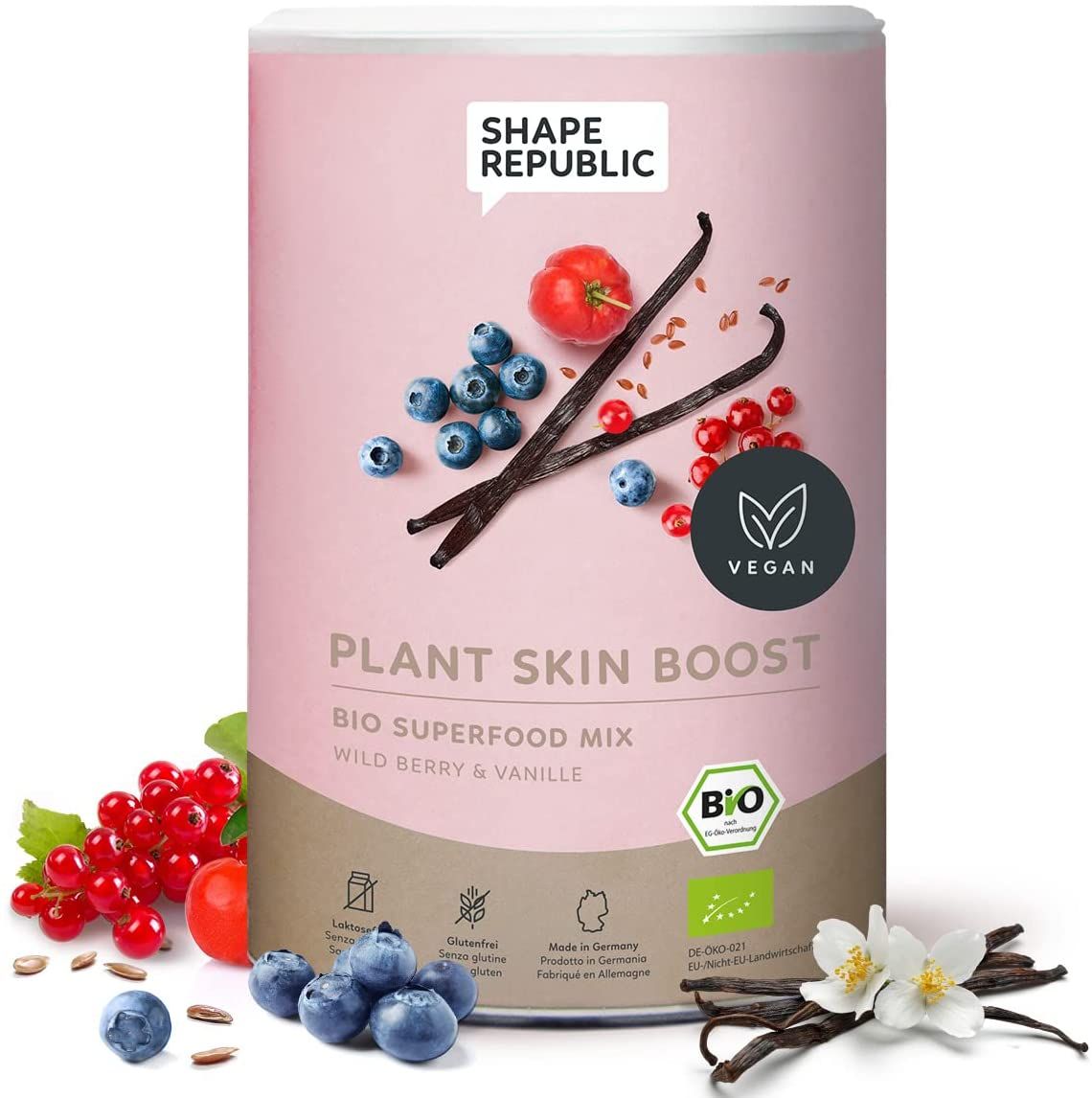 Rosa Dose mit Aufschrift PLANT SKIN BOOST, Früchten und Vanille. Vegan-Siegel.
