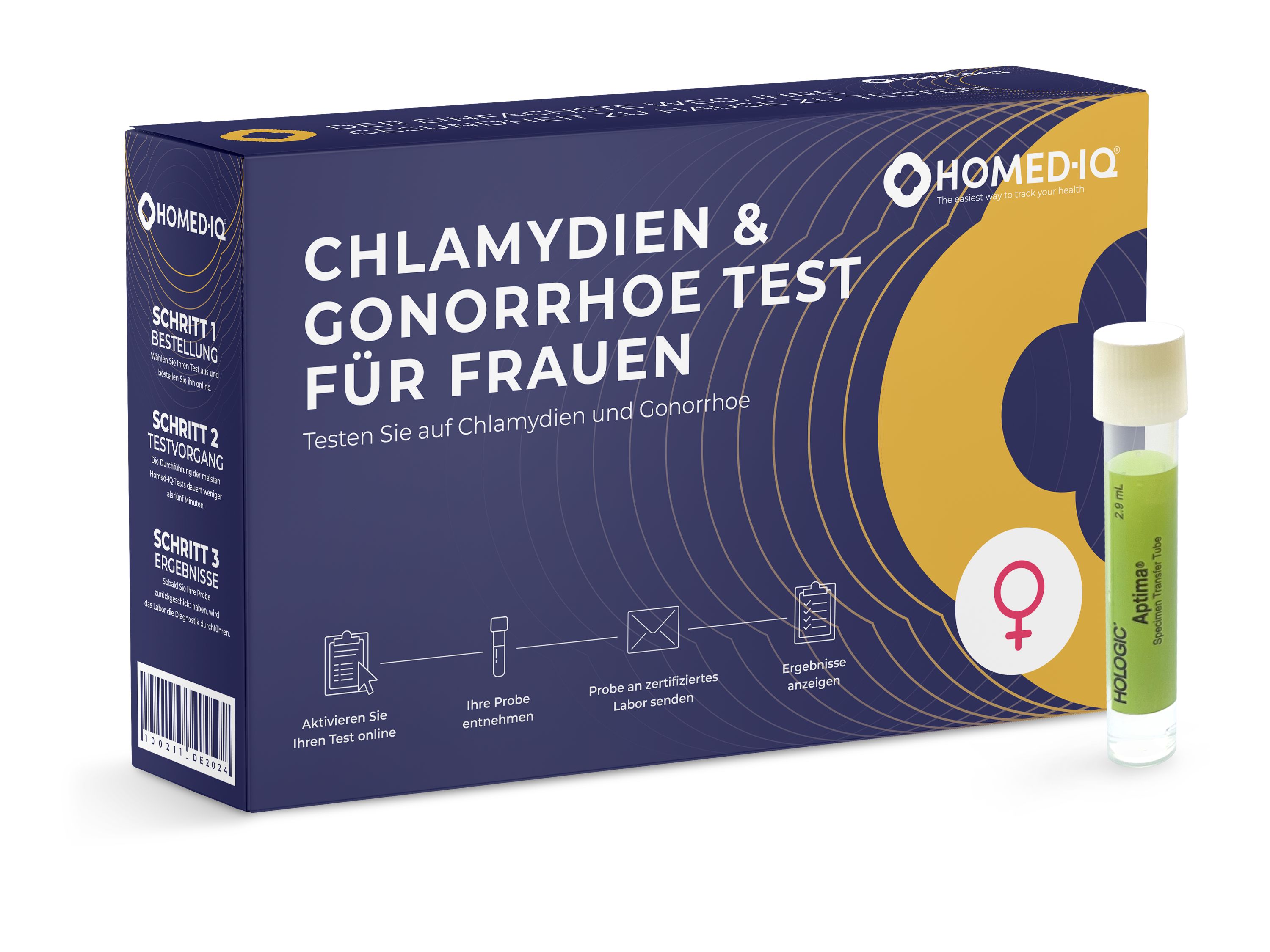 Homed-IQ Chlamydien & Gonorrhoe Test für Frauen. Blaue Schachtel mit Teströhrchen. Aufschrift: Testen Sie auf Chlamydien und Gonorrhoe.