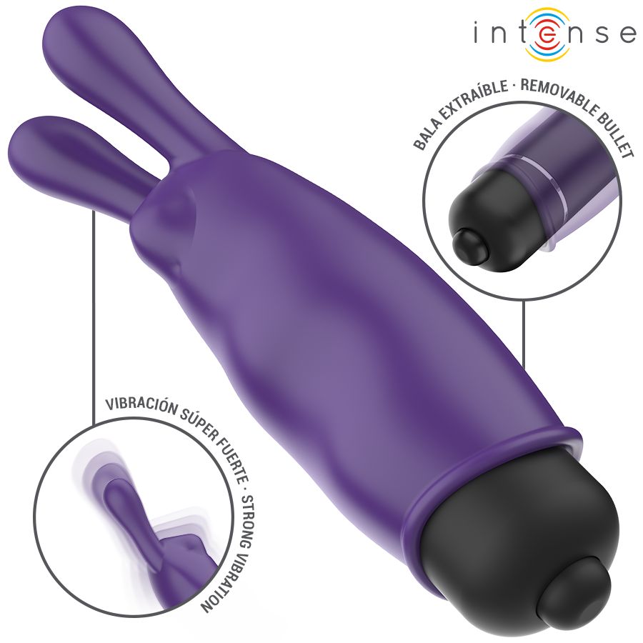 Lila Vibrator mit schwarzem Kopf. Text: 'Vibración súper fuerte - Strong Vibration' und 'Bala extraíble - Removable Bullet'.