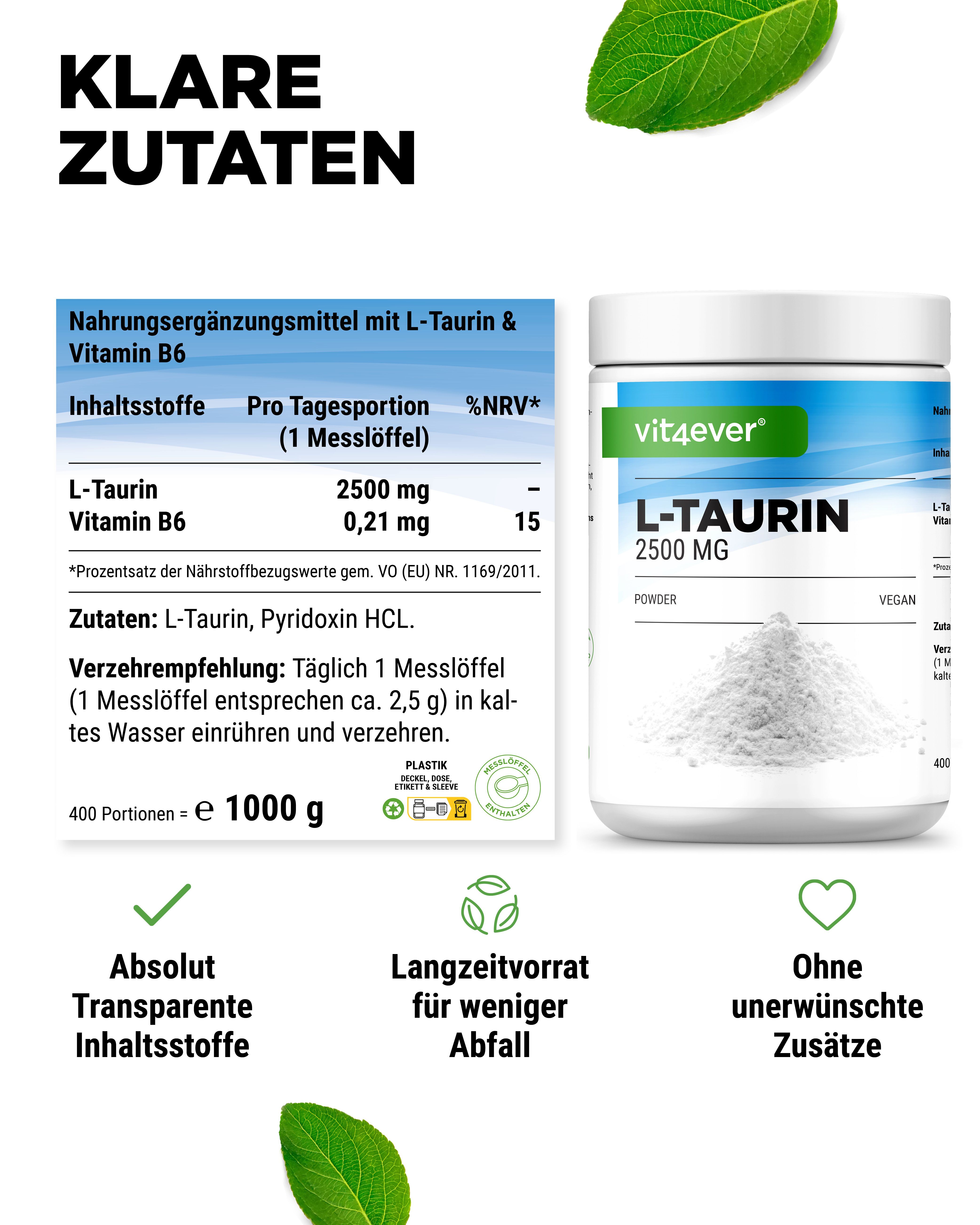Produktverpackung mit L-Taurin-Pulver. Text: Klare Zutaten. Nahrungsergänzungsmittel mit L-Taurin & Vitamin B6. 1 Messlöffel.