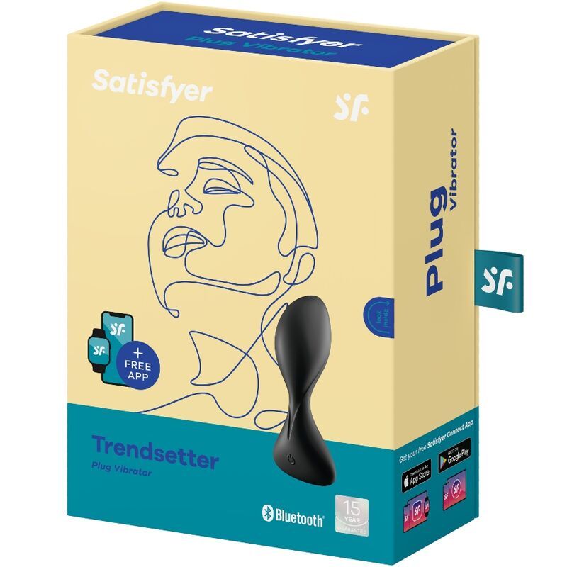 Verpackung mit Analvibrator. Marke Satisfyer. Produktname Trendsetter. Abbildung eines Gesichts und des Produkts.