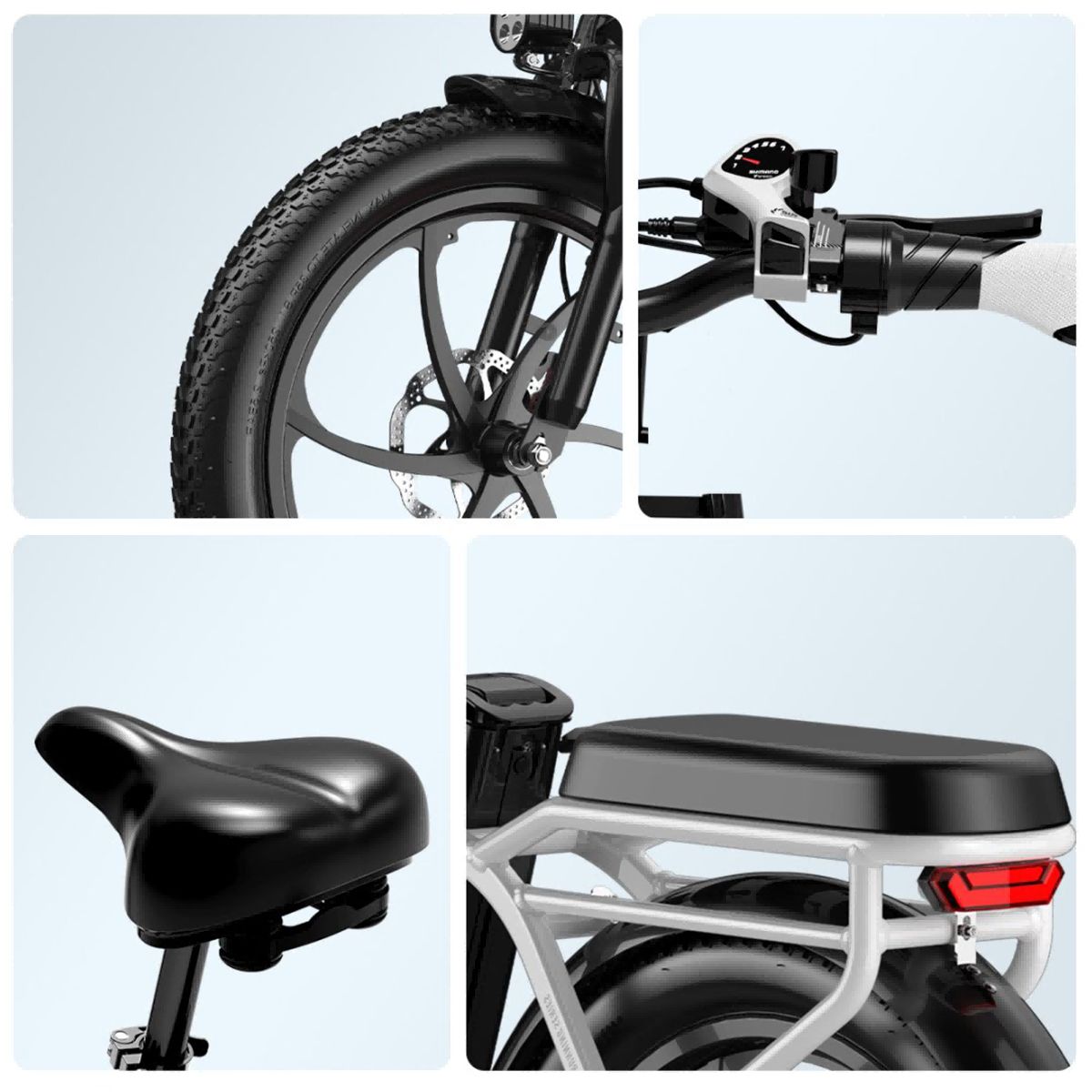 Detailansichten eines Elektrofahrrads: Reifen, Lenker, Sattel und Rücklicht. Schwarze und weiße Elemente.
