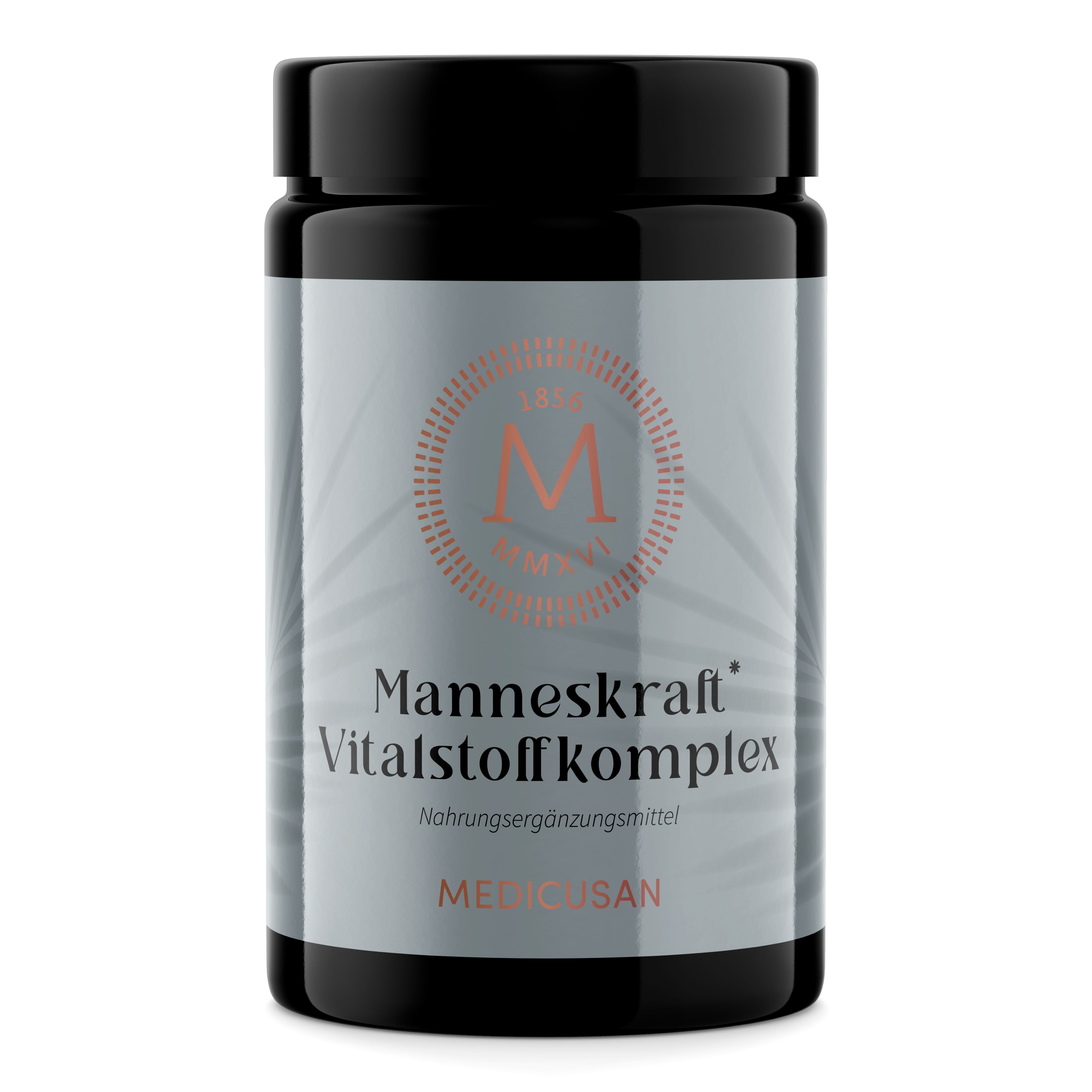 Schwarze Dose mit "Manneskraft Vitalstoffkomplex"-Aufschrift. Logo mit "M". Nahrungsergänzungsmittel von MEDICUSAN.