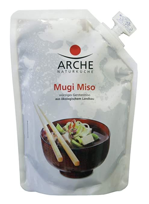 Arche Mugi Miso Standbeutel mit einem Bild von Miso-Suppe und Stäbchen.