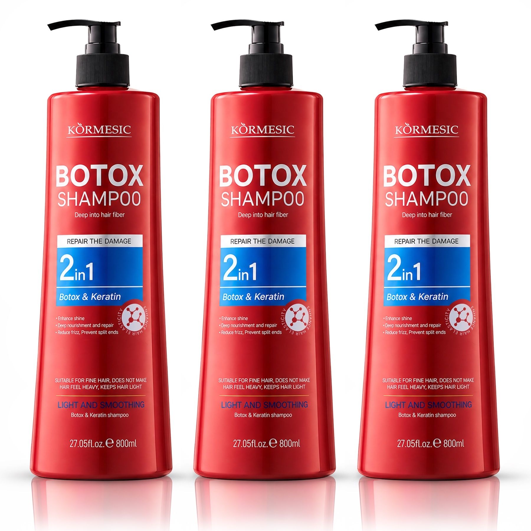 Drei rote Flaschen Kormesic Botox Shampoo, 800ml, mit Pumpverschluss.