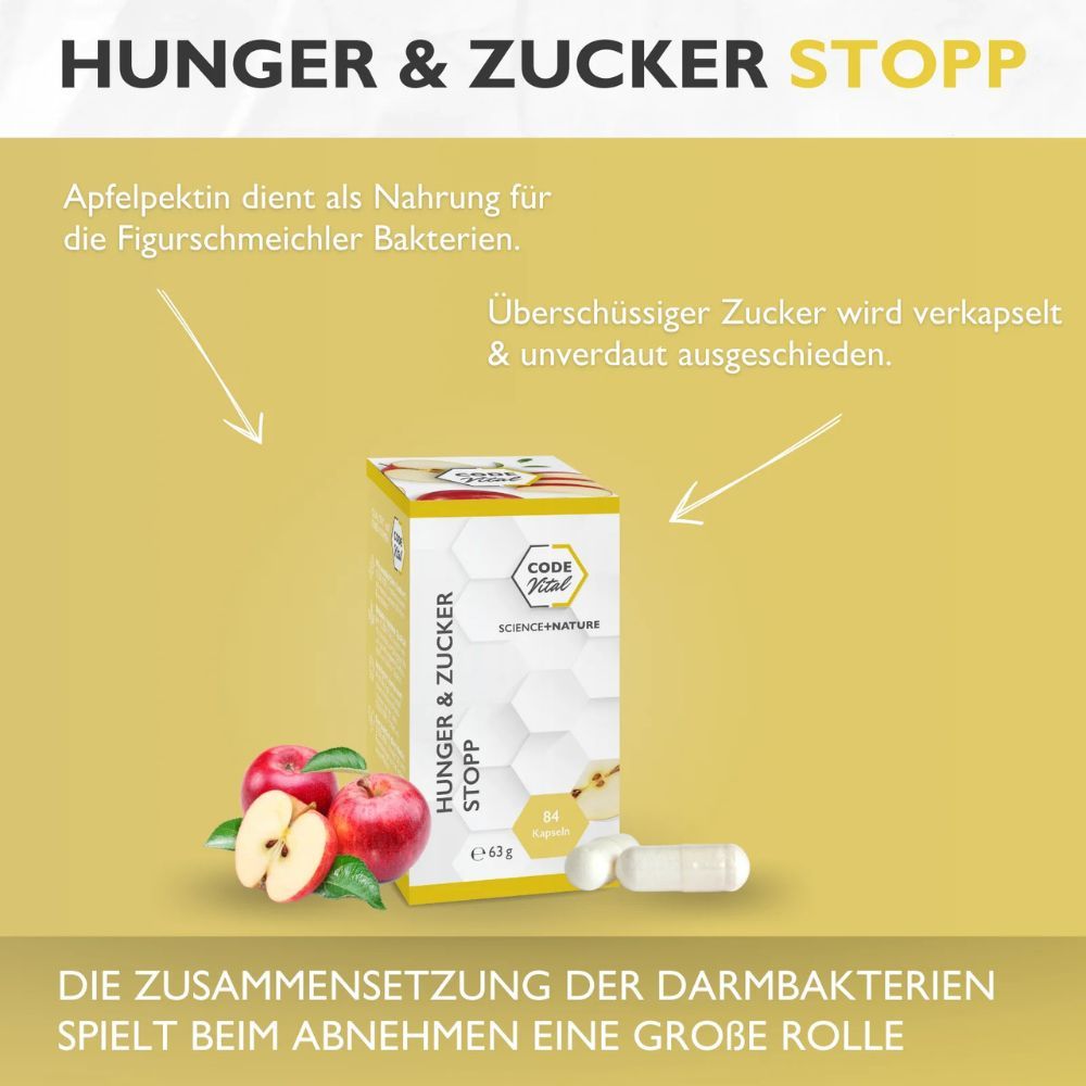 Schachtel mit CODE Vital, Hunger & Zucker Stopp. Äpfel und Kapseln. Text: Zusammensetzung der Darmbakterien spielt eine große Rolle.