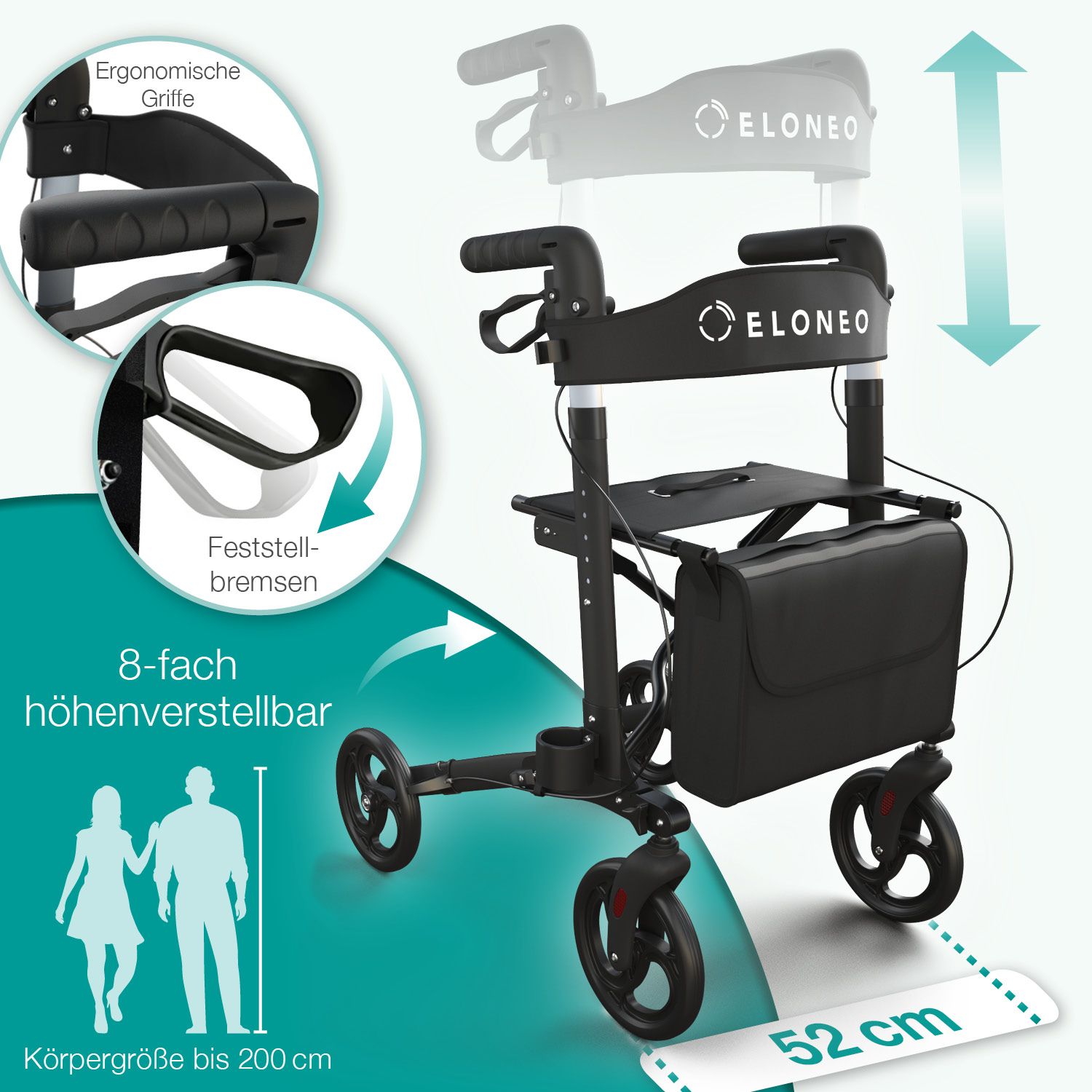 Schwarzer ELONEO Rollator, 8-fach höhenverstellbar, Feststellbremsen, ergonomische Griffe. 52 cm breit.