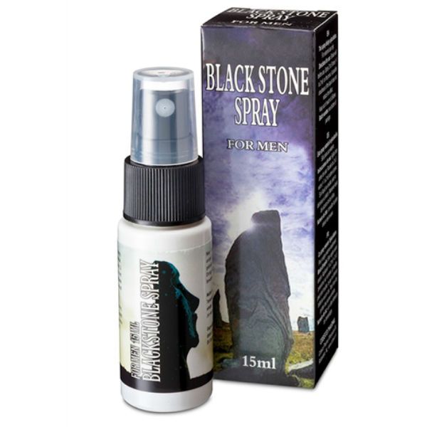 Sprayflasche und Schachtel. Aufschrift: Black Stone Spray For Men. Flasche mit Sprühkopf. Schachtel mit Landschaftsmotiv.