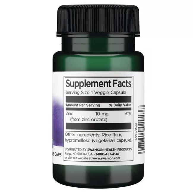 Rückseite der grünen Flasche. Etikett mit "Supplement Facts", "Zinc 10 mg" und Inhaltsstoffen. Schwarzer Deckel.