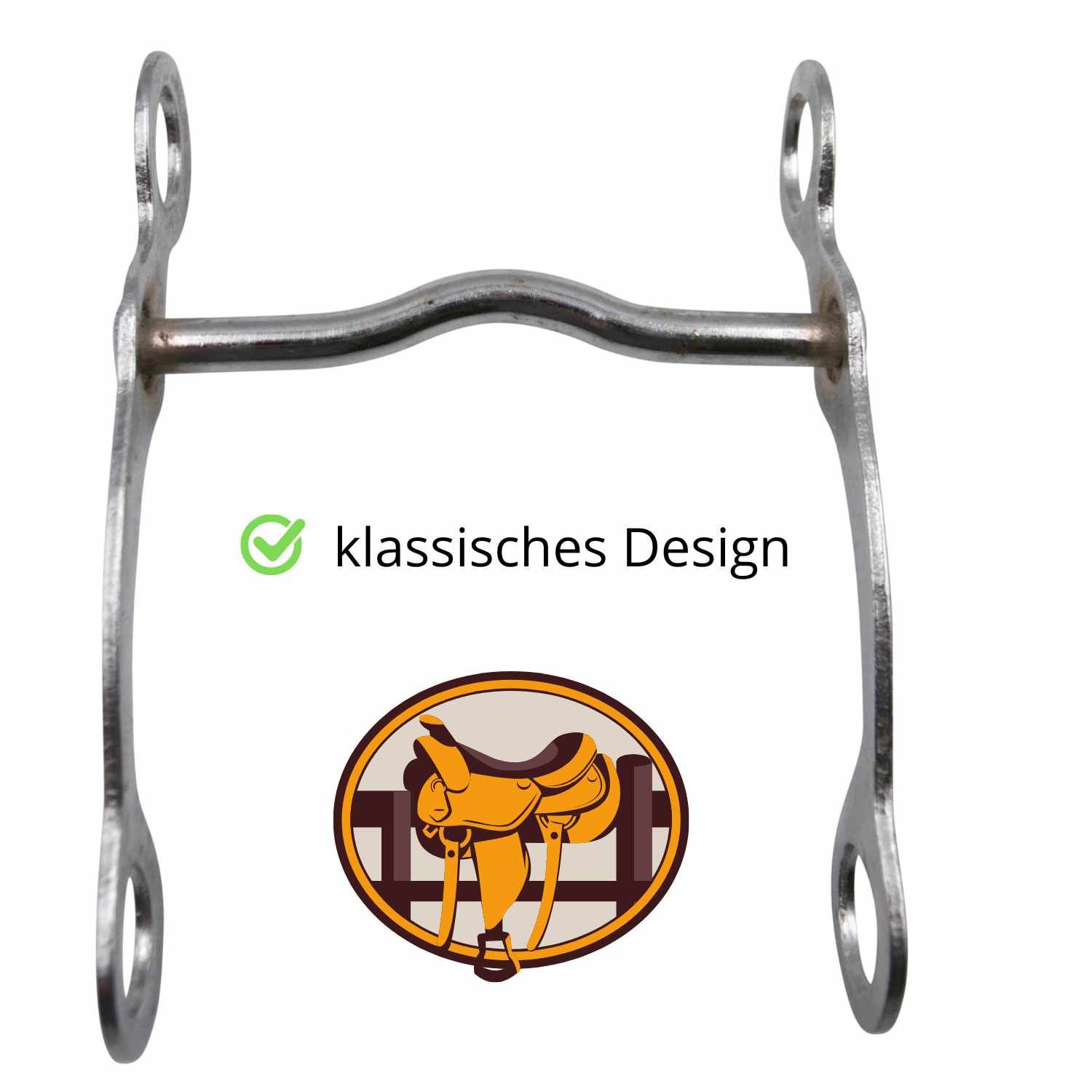 Verchromtes Western Bit mit geradem Mundstück und Ringösen. Logo mit Sattel. Text: klassisches Design.