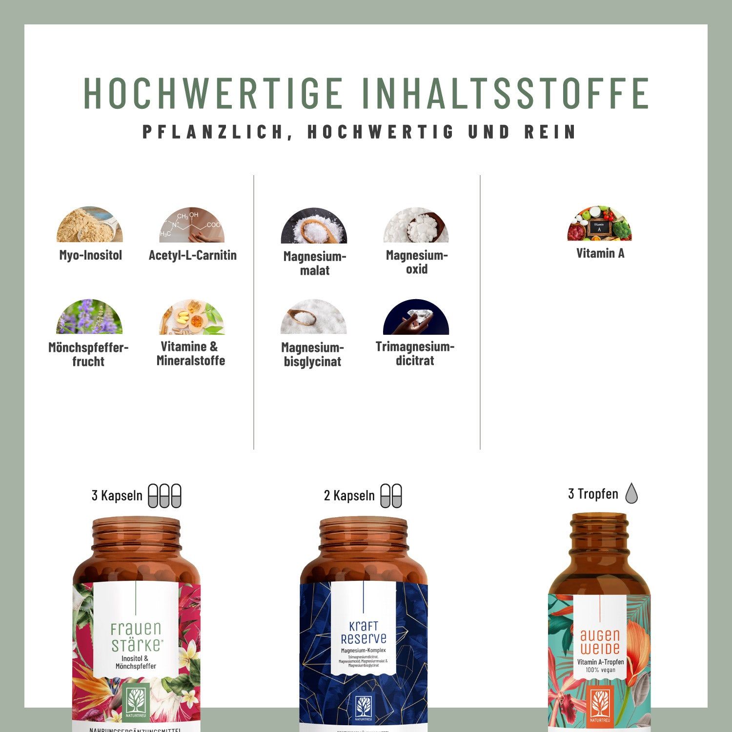 Grafik mit Inhaltsstoffen. Myo-Inositol, Acetyl-L-Carnitin, Magnesiummalat, Magnesiumoxid, Mönchspfeffer, Vitamin A. Kapseln und Tropfen.