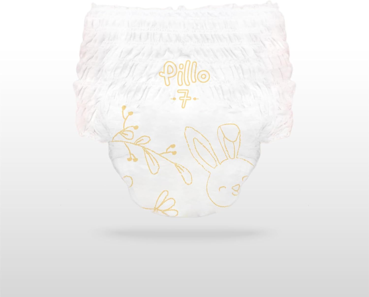 Pillo Pants Windel, Größe 7. Mit floralem Muster und Hasen-Illustration. Sichtbare Marke und Größenangabe.