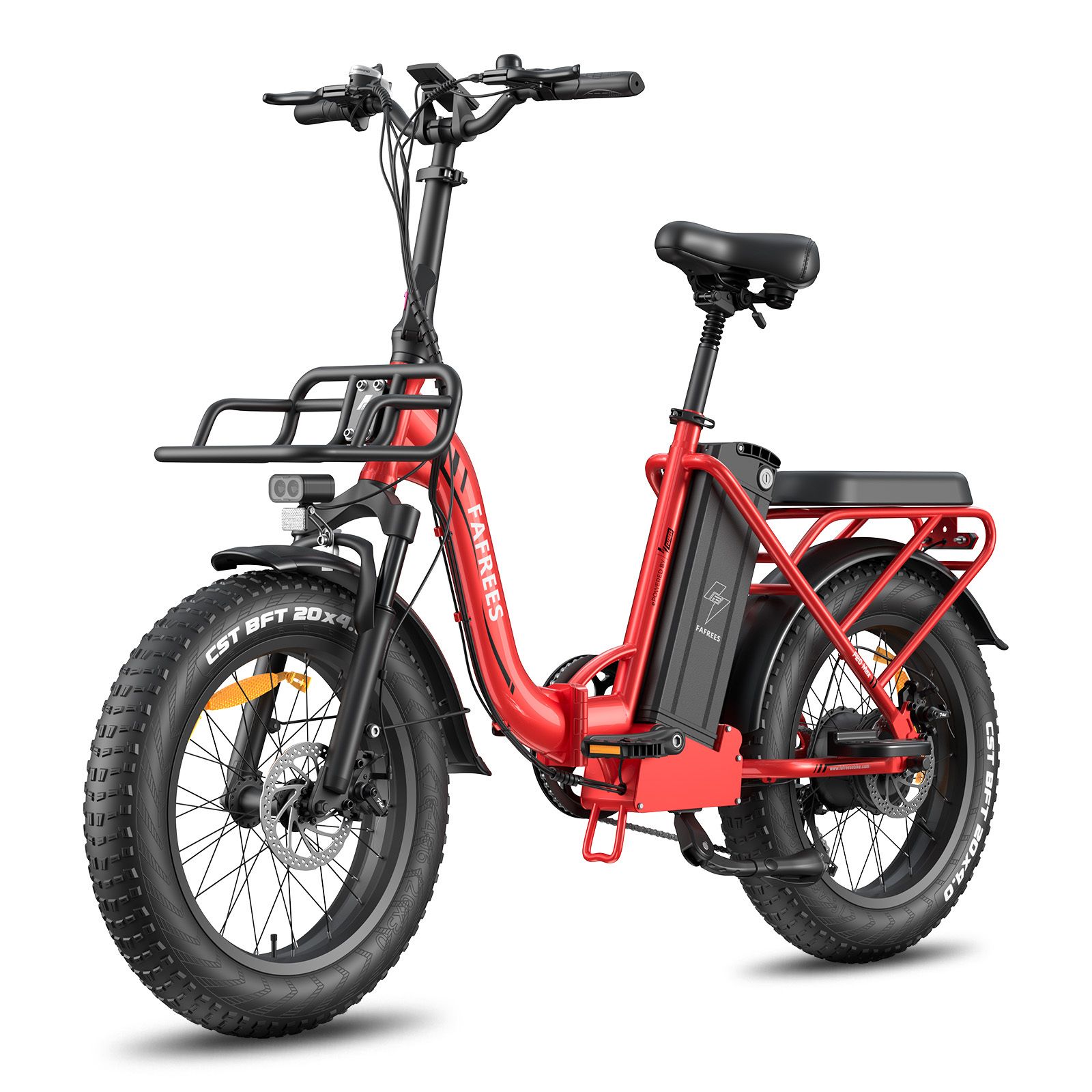 Rotes Falt-E-Bike mit schwarzem Korb, Reifen und Sattel. FAFREES-Logo sichtbar. Mit Akku und LCD-Display.