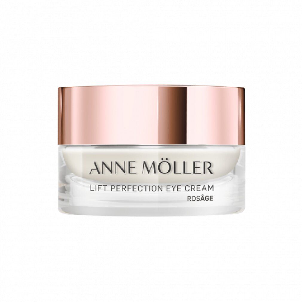 Cremebehälter mit roségoldfarbenem Deckel. Aufschrift: ANNE MÖLLER, LIFT PERFECTION EYE CREAM, ROSÂGE.
