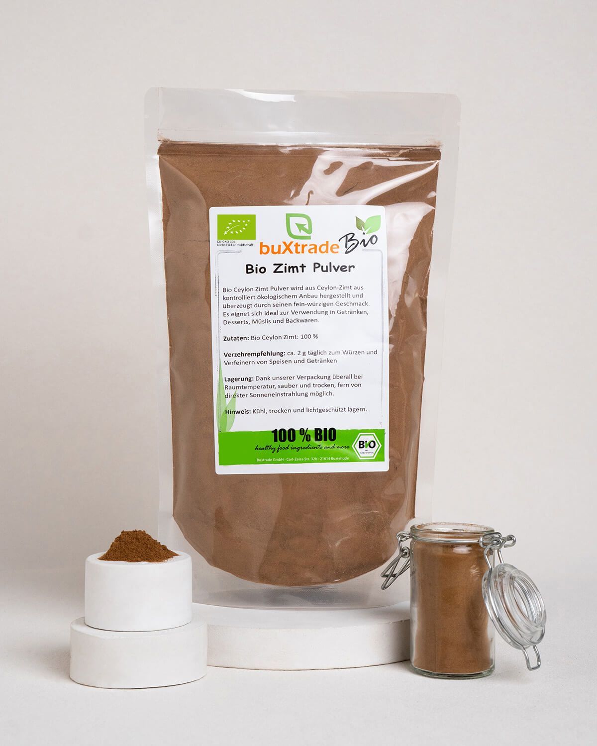 Bio Ceylon Zimt Pulver in Beutel, Behälter und Glas. Mit Bio-Siegel.