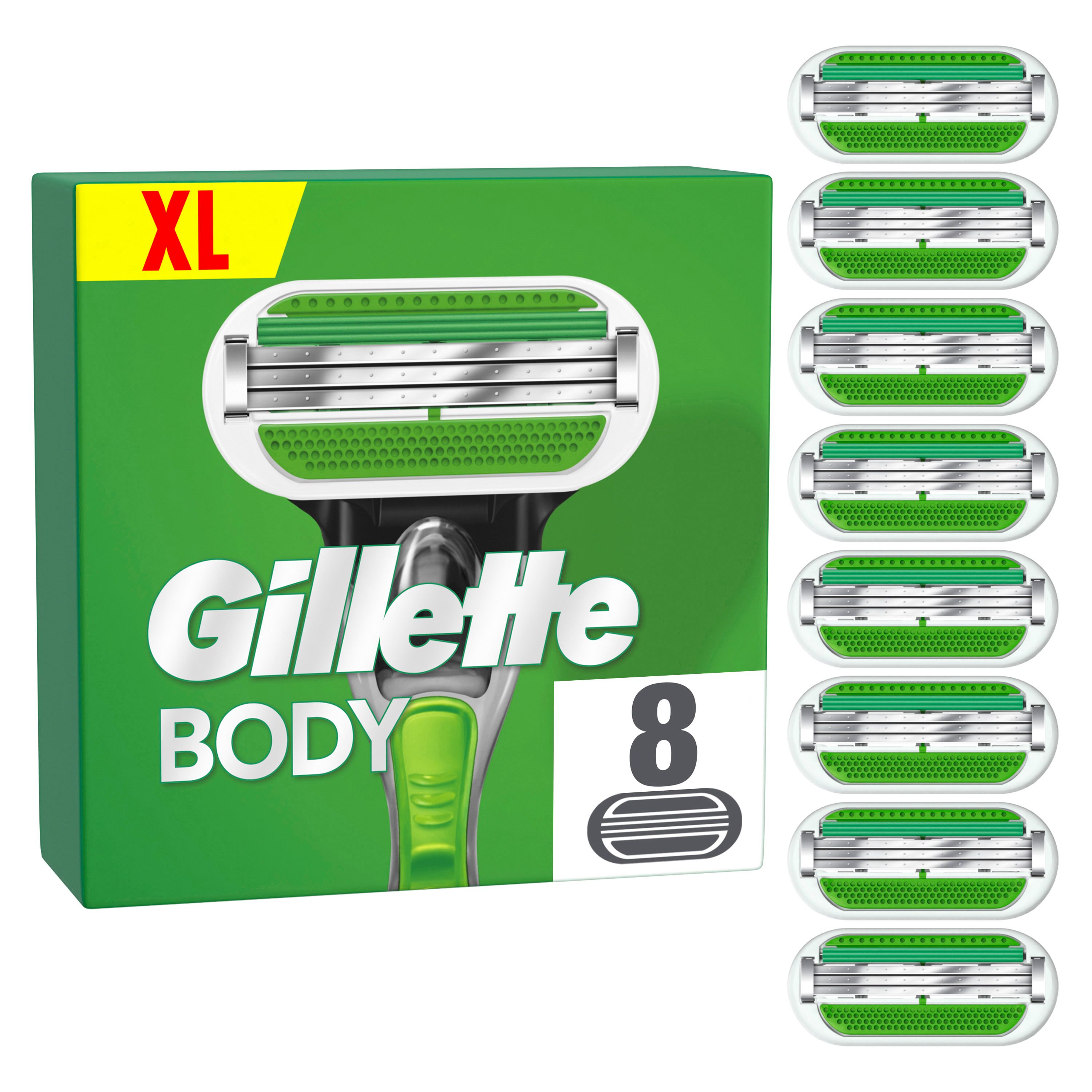 Grüne Gillette Body Rasierklingen und Verpackung. 8 Stück, XL. Aufschrift: Gillette BODY.