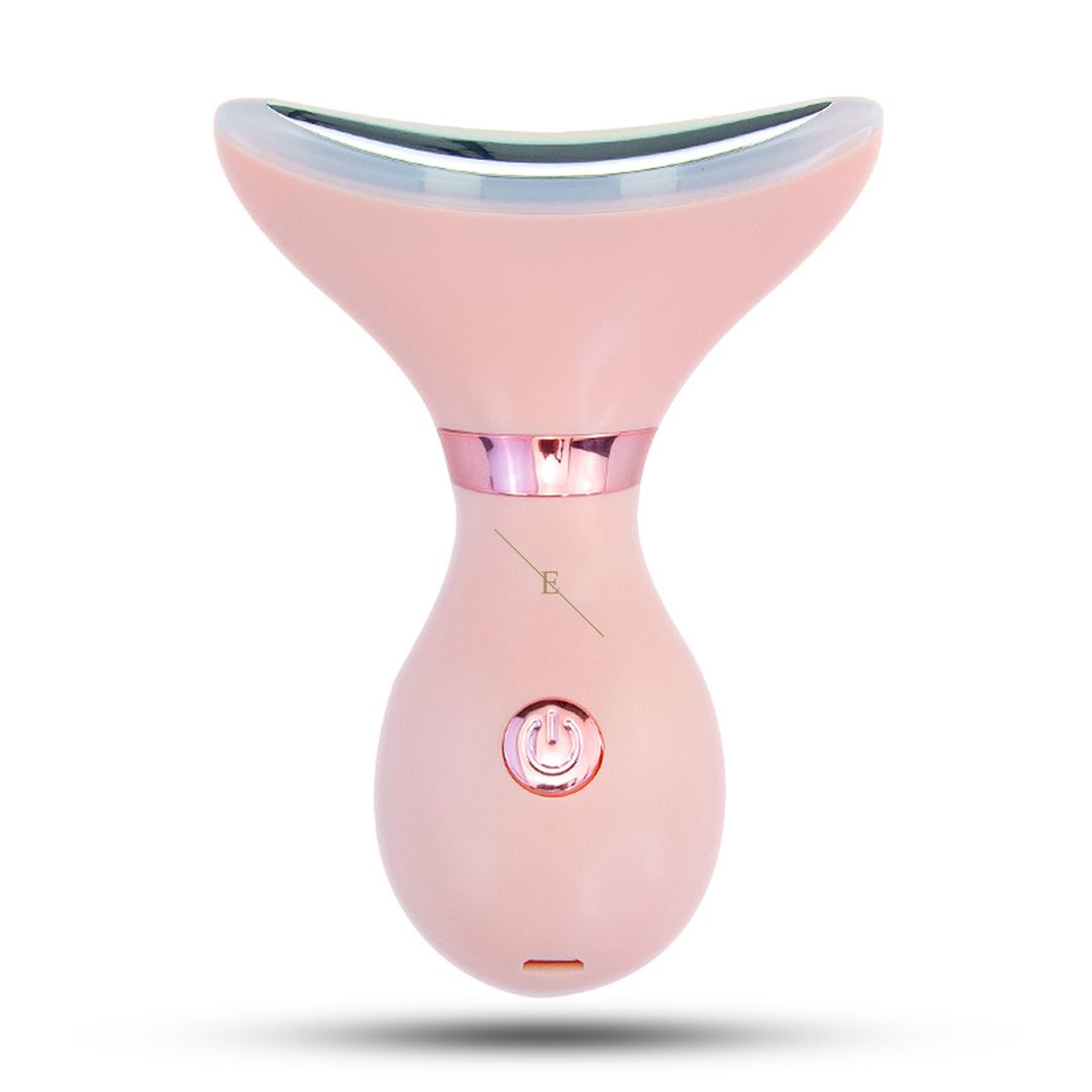 Rosa LED-Anti-Aging-System. Hals- und Kieferpartie-Definierer. Ein-Aus-Taste. Ladeanschluss. ErthSkin London.