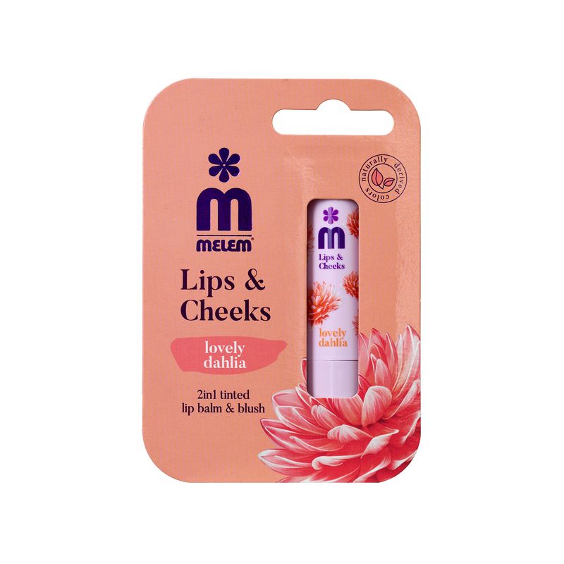 Verpackung mit Lippen- und Wangenbalsam. Rosa Karton mit Produkt und Produktabbildung. Aufschrift.