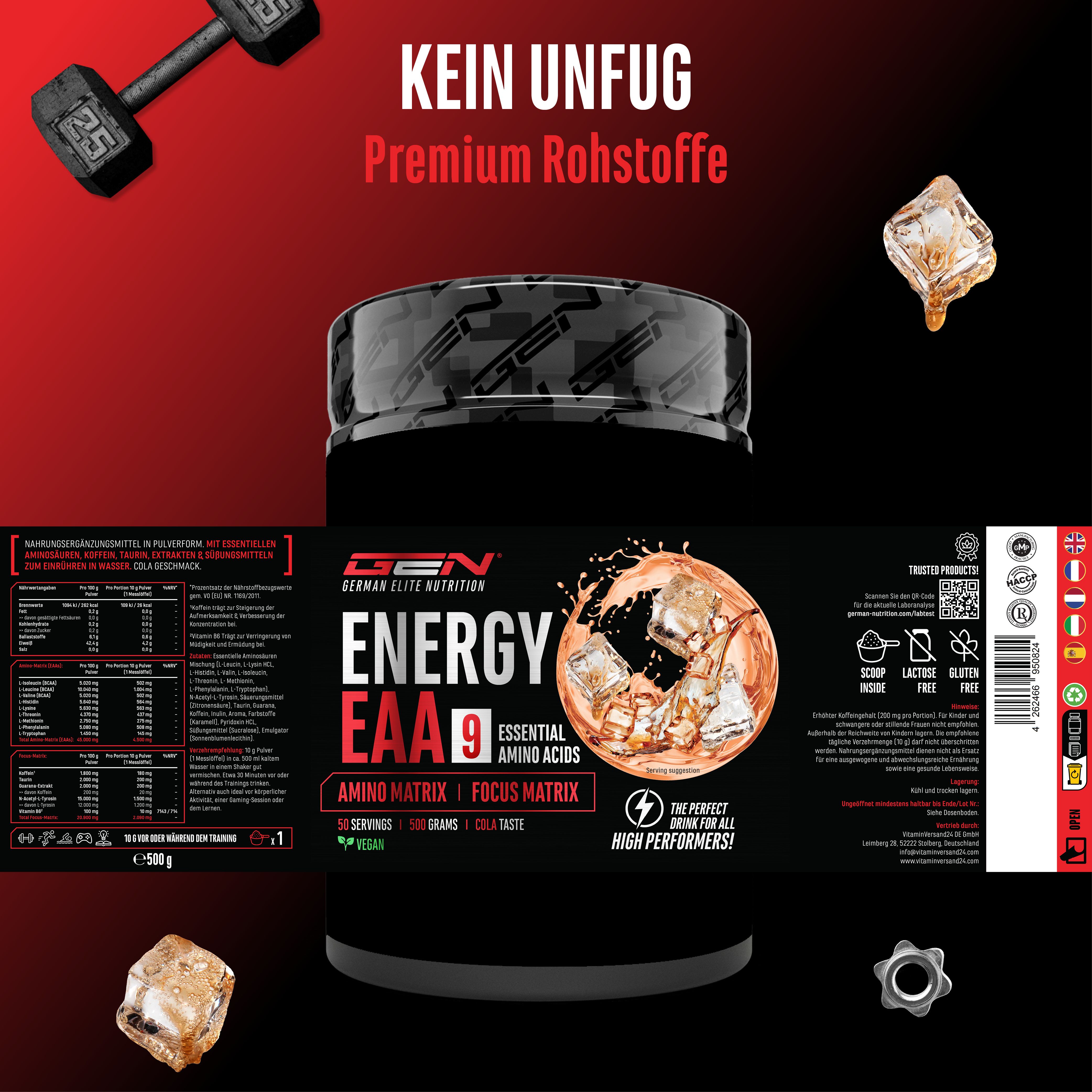 Dose "GEN Energy EAA 9". Enthält Nährwertangaben, 500g. Mit Cola-Geschmack. Vegan. Premium Rohstoffe.