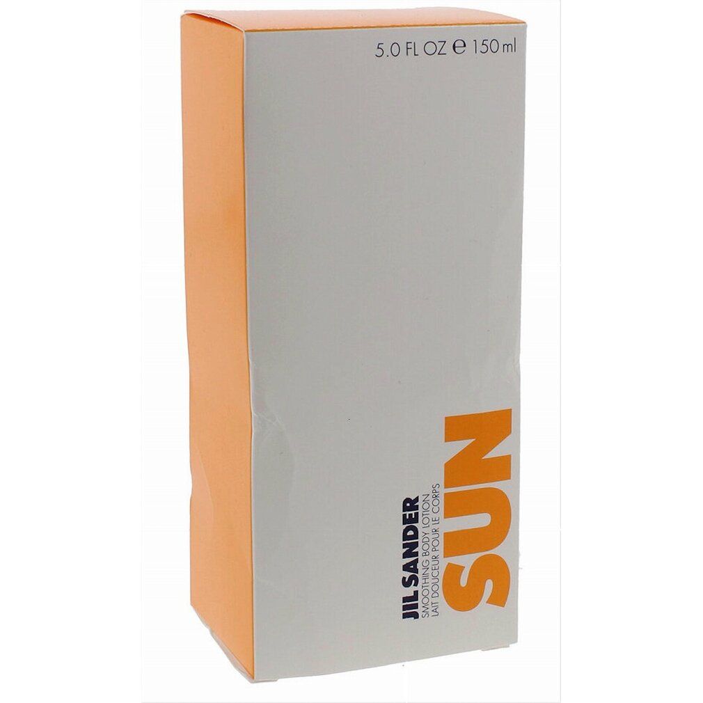 Grau-orangefarbene Schachtel mit SUN-Schriftzug. JIL SANDER und Text. 5.0 FL OZ e 150 ml.
