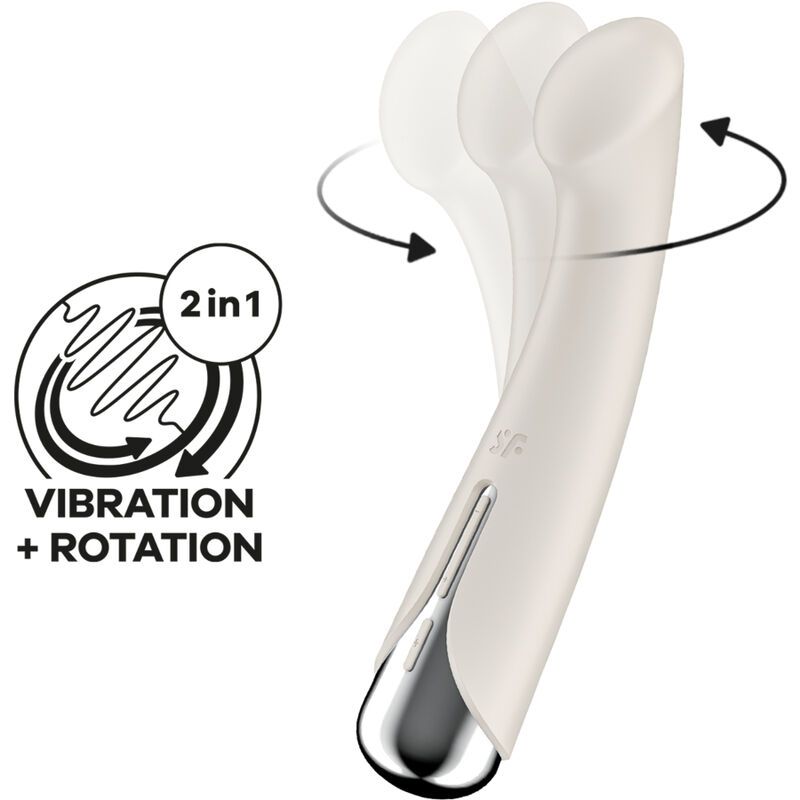 Vibrator mit weißem Gehäuse und silberfarbenem Ende. Illustration: Vibration + Rotation. 2in1-Symbol.