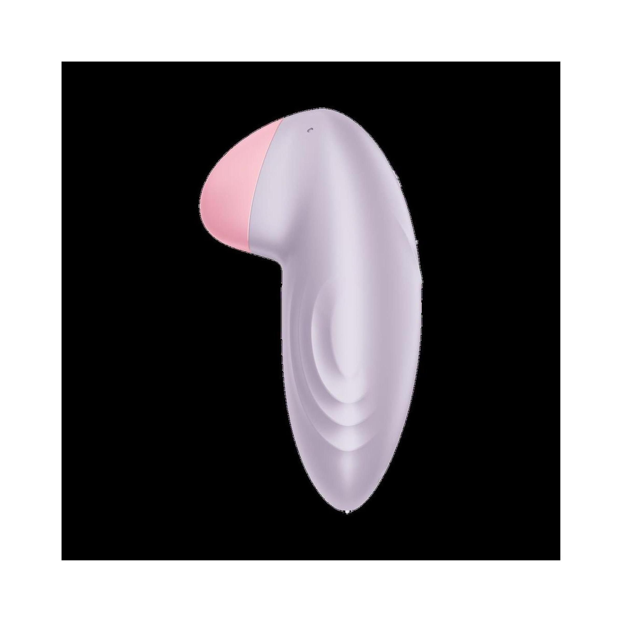 Vibrator, lila mit rosa Spitze. Tropfenförmig, mit geriffelter Oberfläche. Ansicht von oben.