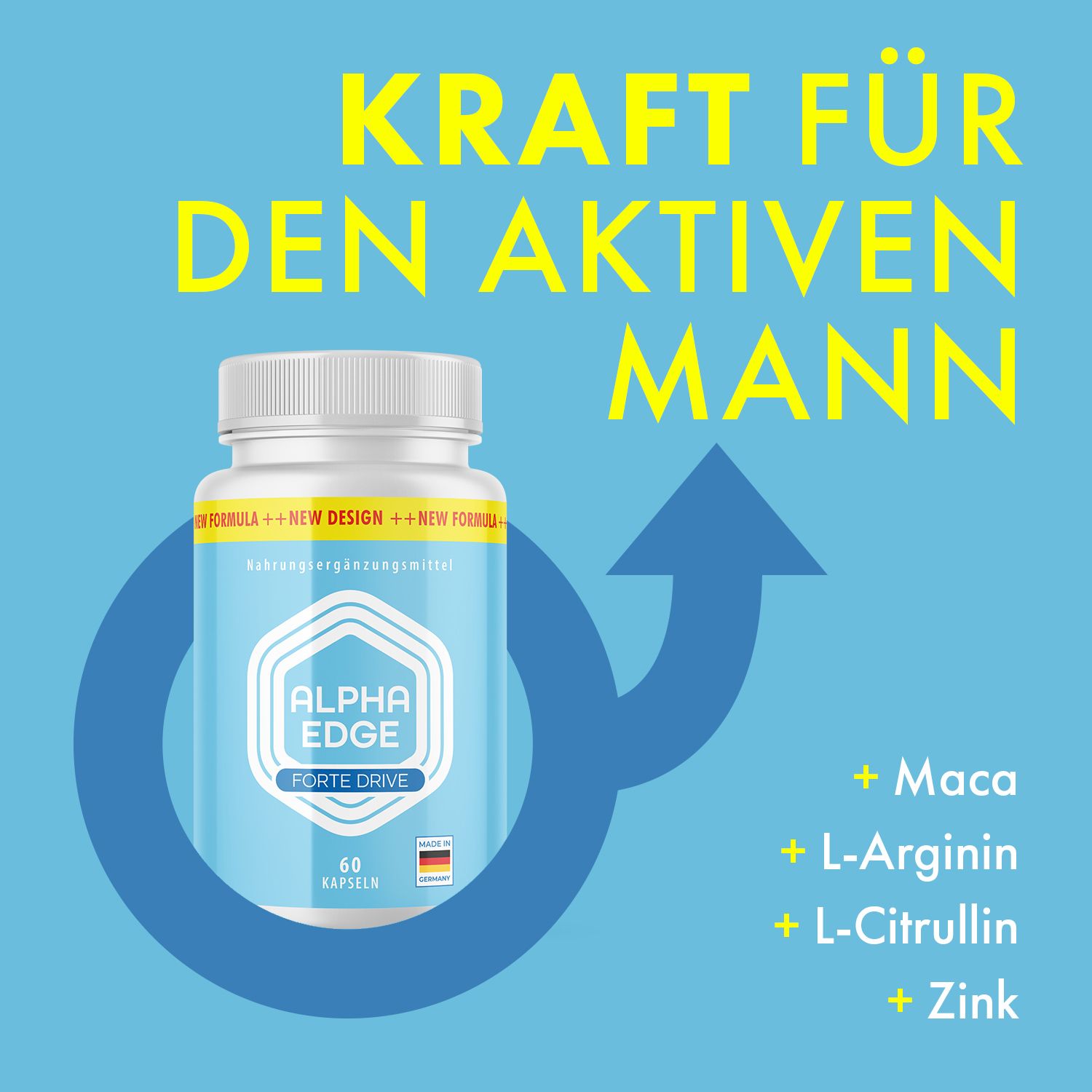 Blaue Kapsel-Dose mit weißem Deckel. Text: ALPHA EDGE FORTE DRIVE. Inhaltsstoffe: Maca, L-Arginin, L-Citrullin, Zink. Hintergrund: blauer Pfeil und Text.