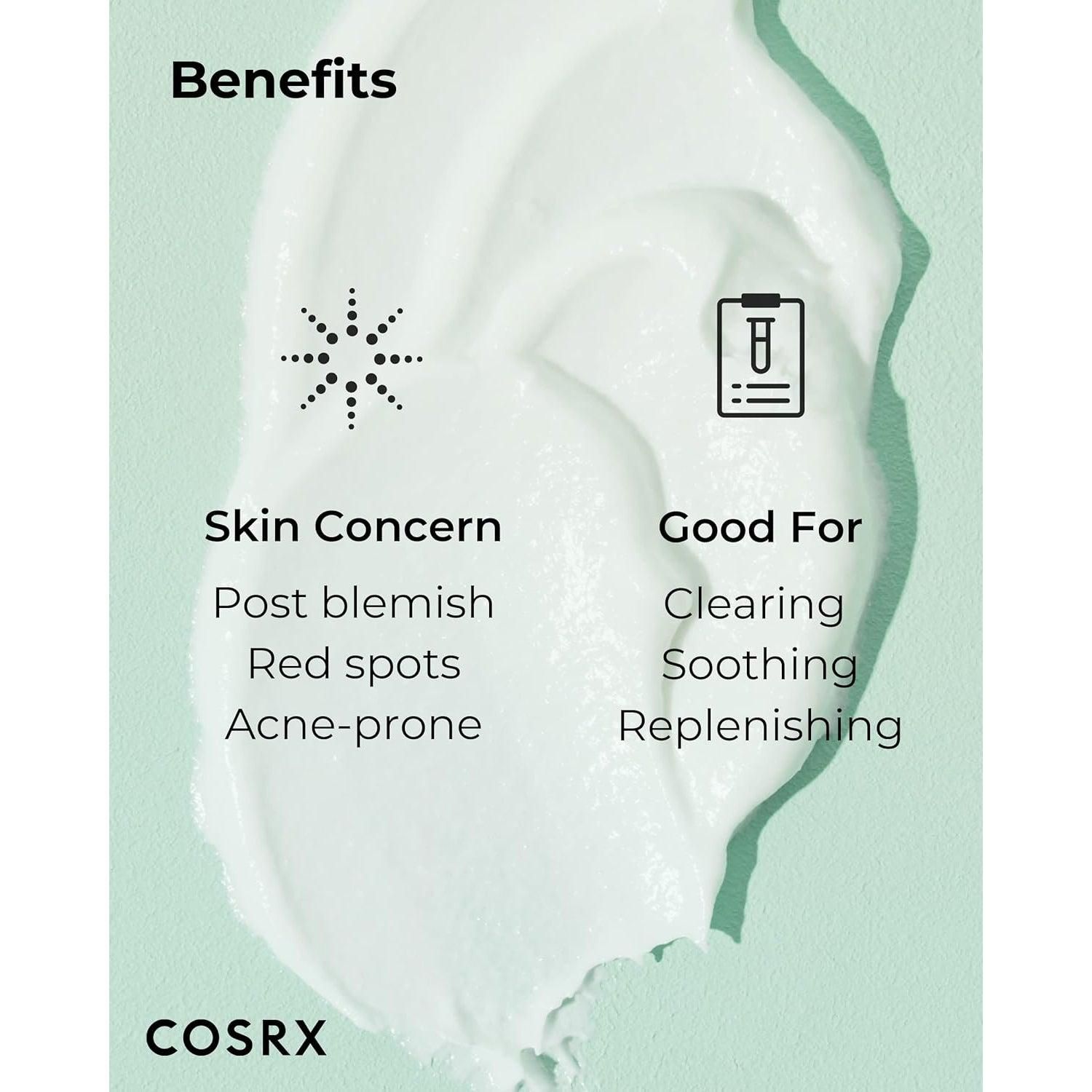 Nahaufnahme der Creme. Diagramm mit Vorteilen: Post-Blemish, Rötungen, Akne. Gut für: Klären, Beruhigen, Auffüllen. COSRX-Logo.