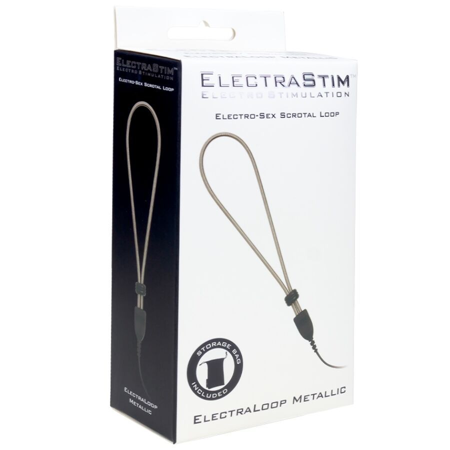 Verpackung mit Produktabbildung. Aufschrift: 'ELECTRASTIM', 'ELECTRO-SEX SCROTAL LOOP', 'ELECTRALOOP METALLIC'. Inklusive Aufbewahrungstasche.