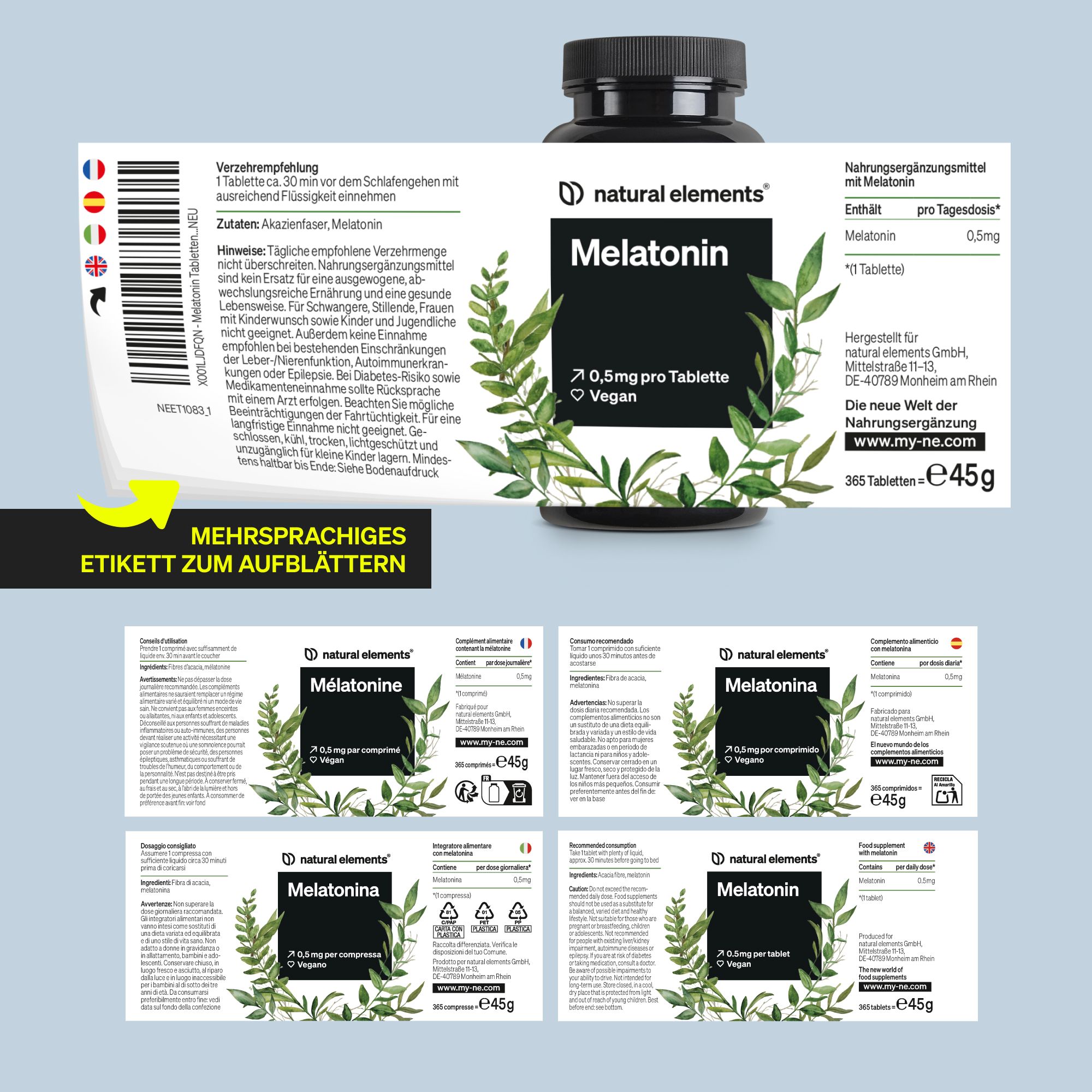 Produktverpackung mit mehrsprachigem Etikett zum Aufblättern. Enthält Informationen zu Melatonin und Dosierung.