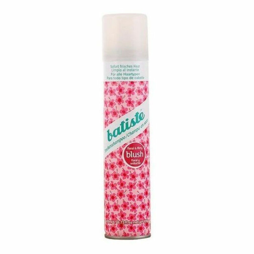 Trockenshampoo-Spraydose mit floralem Muster. Marke Batiste, Produktname Blush. Weißer Deckel, rosa Blüten.