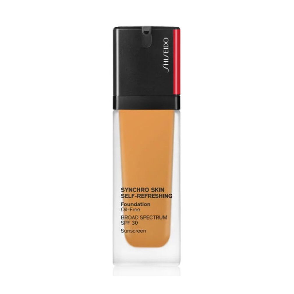 Foundation-Flasche mit schwarzem Deckel und rotem Akzent. Enthält Foundation. Text: SYNCHRO SKIN SELF-REFRESHING, Oil-Free, SPF 30.