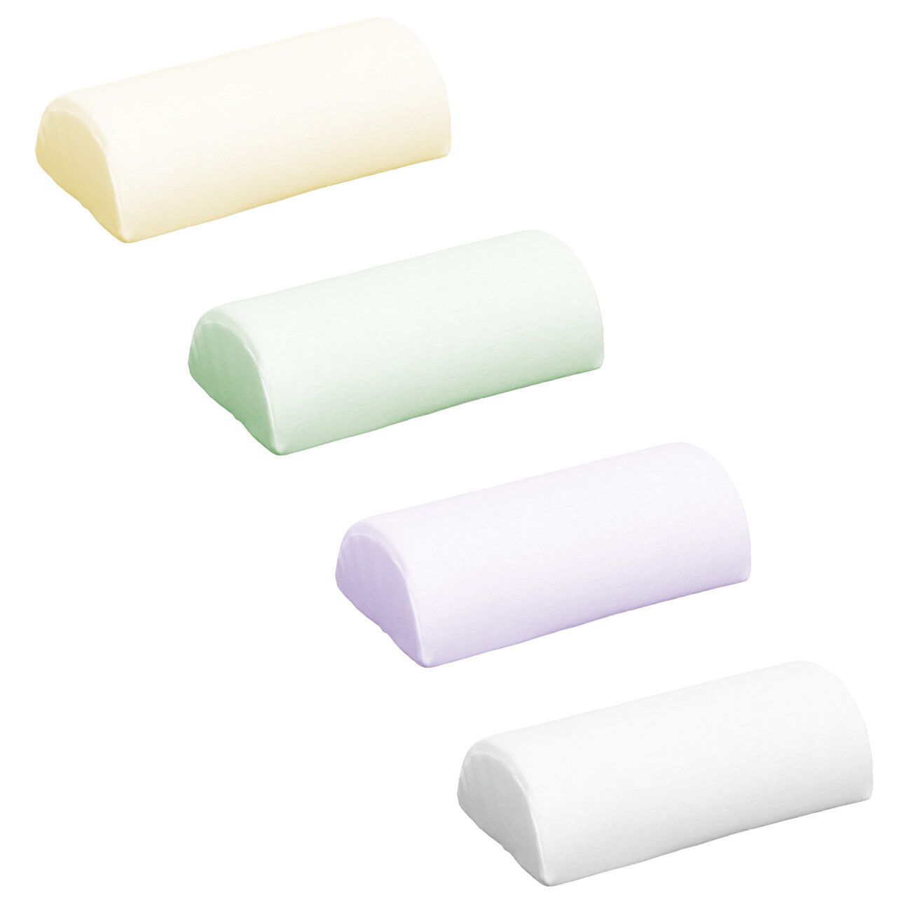 Vier KUBIVENT PurplePos VariMed Positionierungskissen in verschiedenen Farben: gelb, grün, lila und weiß. Zylindrische Form mit abgerundeten Enden.