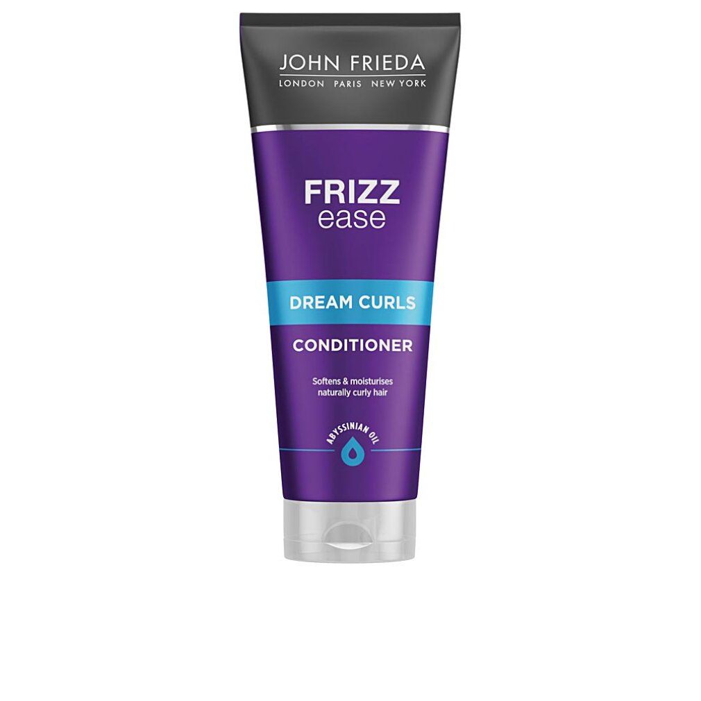 John Frieda Frizz Ease Traumlocken Conditioner. Lila Tube mit blauer Schrift. Enthält Abyssinian Oil. Text: Dream Curls, Conditioner.